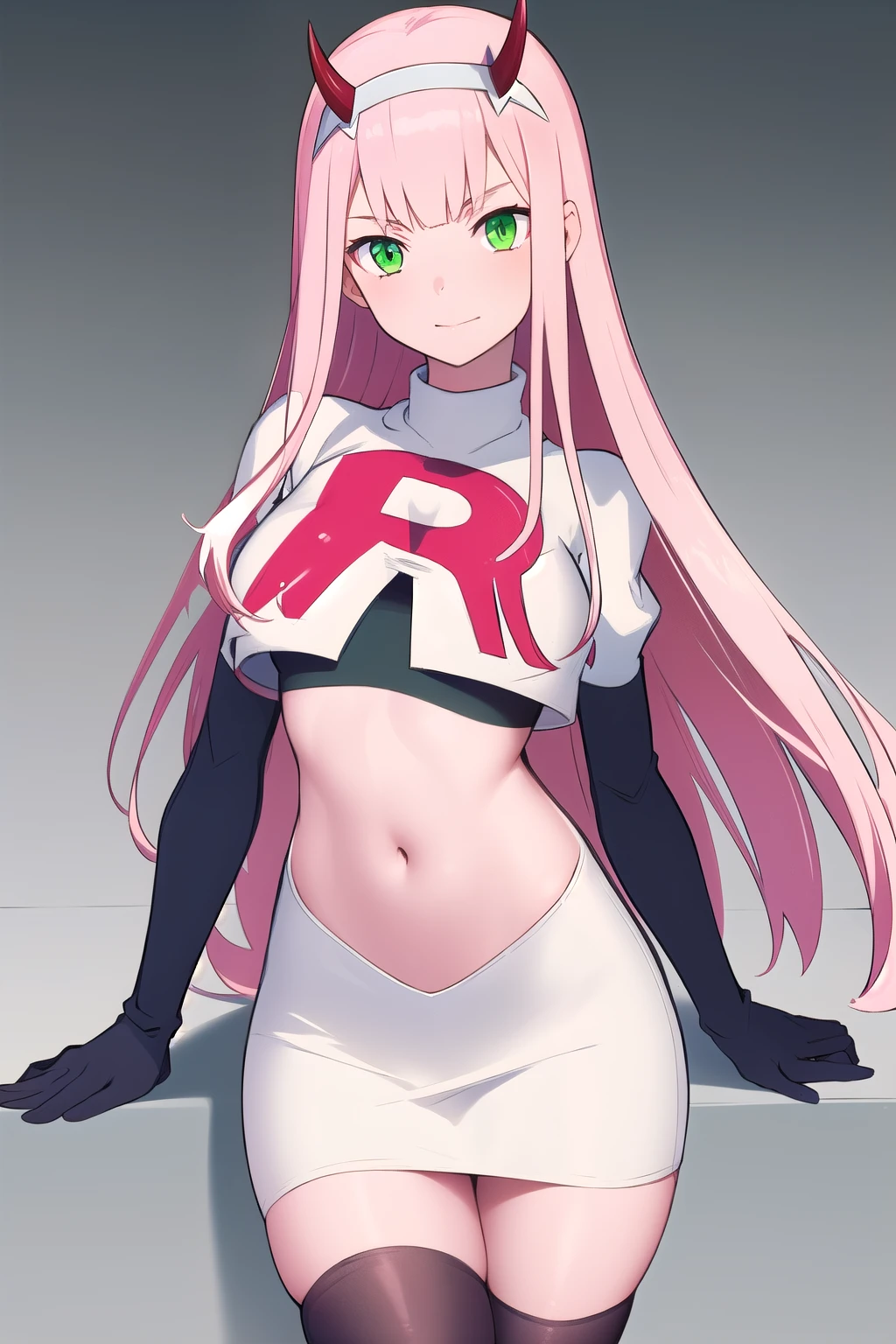 zero two \(darling in the franxx\), darling in the franxx, 1girl, bangs, green eyes, hairband, horns, long hair, looking at viewer, oni horns, pink hair, red horns, solo, team rocket,team rocket uniform,white skirt,red letter R,crop top,black thigh-highs,black elbow gloves, white hairband, ((masterpiece))