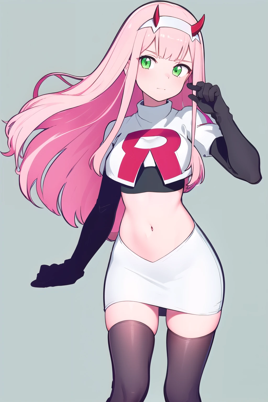 zero two \(darling in the franxx\), darling in the franxx, 1girl, bangs, green eyes, hairband, horns, long hair, looking at viewer, oni horns, pink hair, red horns, solo, team rocket,team rocket uniform,white skirt,red letter R,crop top,black thigh-highs,black elbow gloves, white hairband, ((masterpiece))