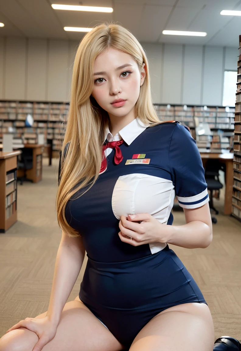 (((neat woman, (Suppress,tightly closed lips,downcast eyes,looking lower), (Suppress,tightly closed lips,downcast eyes,looking lower), blush,blush,red cheek,please touch me,tempting viewer,i want you))),(kneeling,arched back,spread legs apart,uniform lift),((((blush,red cheek,sweat)))),(cinematic lighting), (Photo real:1.4)、(A hyper-realistic:1.4)、(Photorealistic:1.3)、 (gentle lighting: 1.05)、(Improve the lighting quality of your video:0.9)、 32k、25years old woman、photorealistic lighting、Back lighting、Facial Lights、Ray Trace、(bright:1.2)、(Increase quality:1.4)、 (best quality real texture skin)、Fair eyes,delicate face、 Close-up of the face, ((Wearing the red stewardess uniform,red stewardess,mni red skirt,navy panties,high-heel),(Bodyline mood improvement:1.1)、Glossy skin、Korean Idol、Nogizaka Idol、good figure,perfect anatomy,Beautiful actress,(((beautiful large breasts,slender waist,slender hip,long slender legs,8heads tall))),(((8heads tall))),(((blonde hair ban,curtain bangs))),(((in the beautiful modern office of library,super clean night view,in the night))),