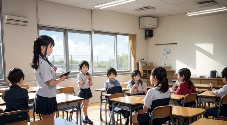 Elementary school students singing、School、Female teacher giving instructions