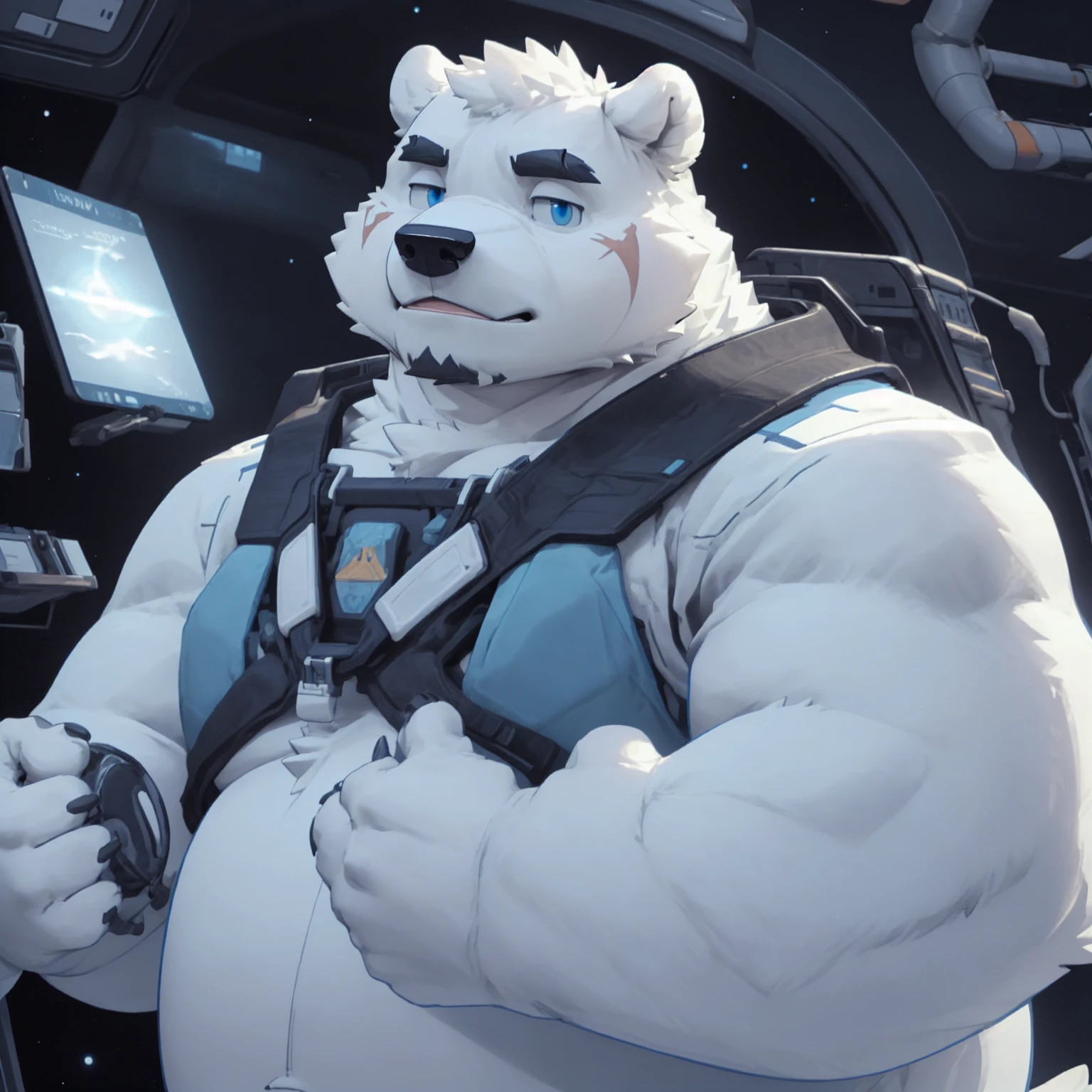 New Jersey 5 Furry,polar bear，Personal portrait,Unique，Exquisite， Chubby，Fat，Thick arms，Rugged muscles，White plush fur，Chubby脸，Black eyebrows，Sky blue eyes，Beard，Inside the spacecraft，White spacesuit，Operating the spacecraft，confidence