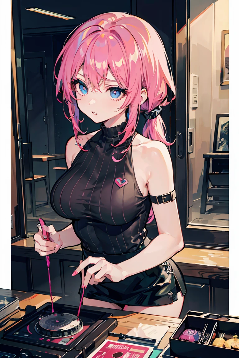 (Masseter muscle area:1.2、highest quality),(Live Action、Intricate details)、(1 female、alone、Big Breasts、Beautiful gradient eyes、Transparent lips) clothing: Edgy、Punk、Bare shoulders、Avant-garde、Experimental Appearance: Pink long ponytail、Colorful hair colors, Dramatic makeup、Unconventionalな fashion choices behavior: traitor、Runaway Ladies Leader、president、Black Jumper、Leather mini skirt、provocative Location: Urban Arts District、Hobbies of the underground music scene: Bad boy、Create mixed media art、Experiment with the values of different subcultures: Personality、reliability、Inspiration for creative expression: Runaway Ladies Leader、president、A symbol of counter culture、nature: Boldness、Unconventional, Romanticism, modern art, Impressionism, reflected light, 8k, masterpiece, Advanced Details, highest quality, Accurate anatomy, Five Fingers
