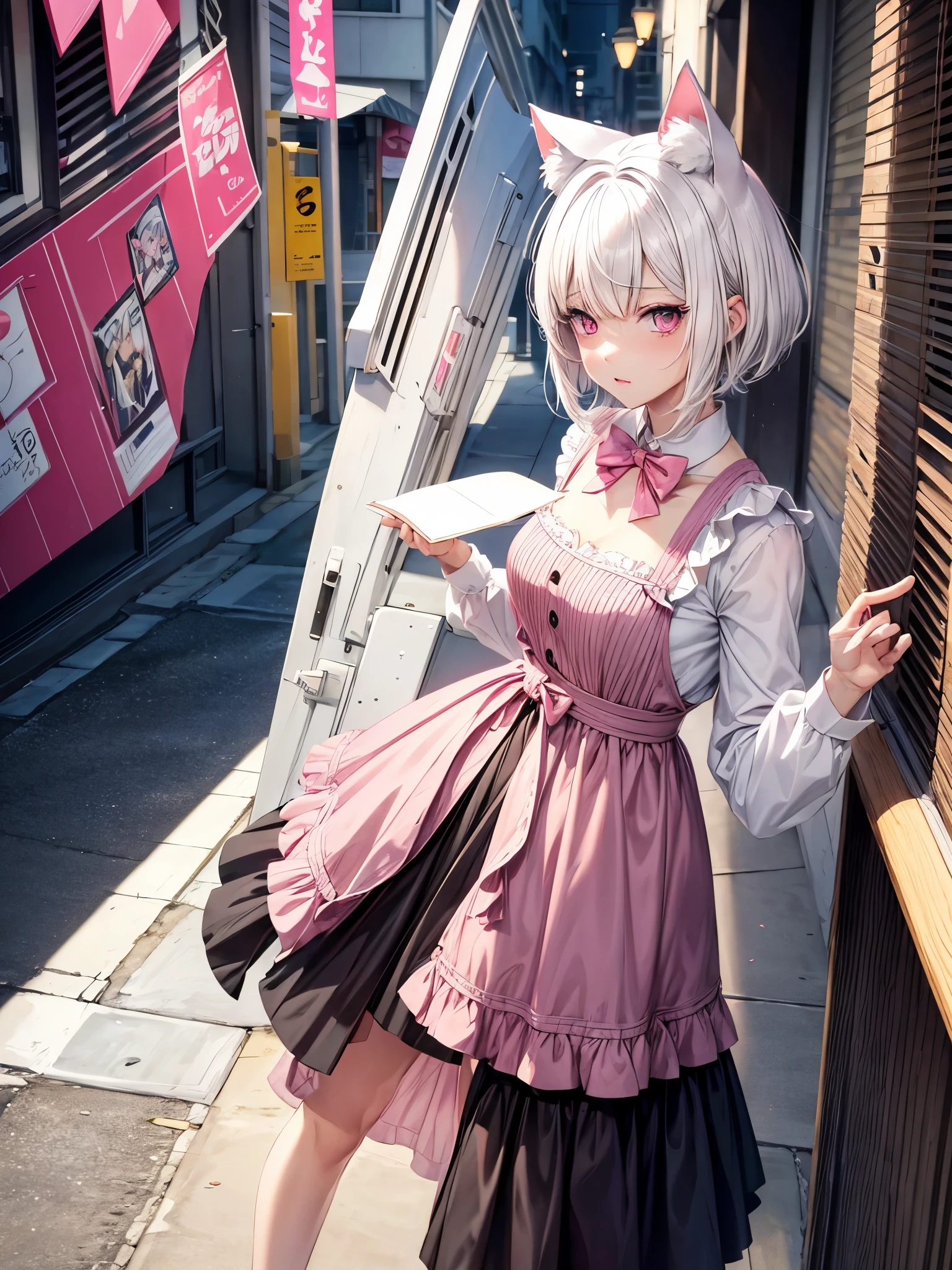 White hair. Short hair. 2-tone hair. anime girl. Pink eyes. Nekomimi. . 1girl. Catgirl.