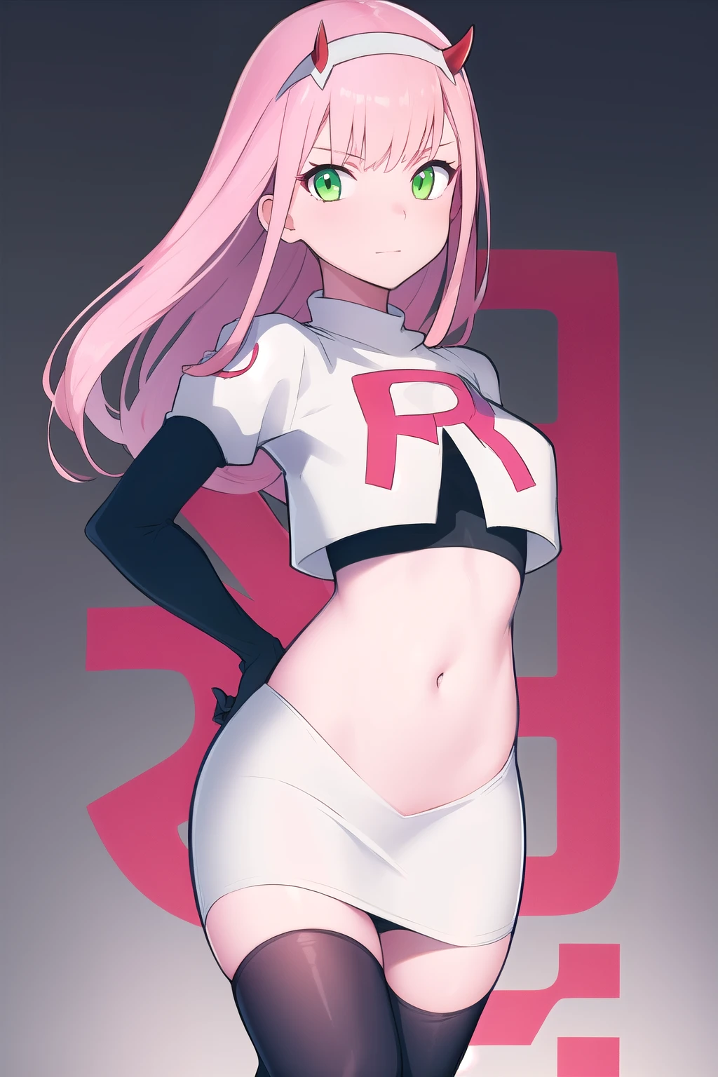 zero two \(darling in the franxx\), darling in the franxx, 1girl, bangs, green eyes, hairband, horns, long hair, looking at viewer, oni horns, pink hair, red horns, solo, team rocket,team rocket uniform,white skirt,red letter R,crop top,black thigh-highs,black elbow gloves, white hairband, ((masterpiece))