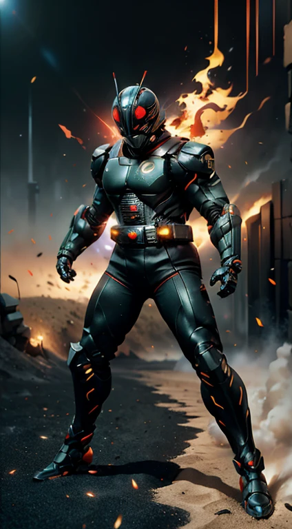 (kamen rider, (Kamen_Rider_Black_RX:1.2), Undd, (close up punch to viewer), full body detailed, detailed hands, good fingers, good hands, good legs, low hood, ruins, floating, explosion, debris, some fire and glitter background, ((epic sand storm)), ultra hd, ultra realistic texture, (flare lens:1.2), (long shot:0.9)