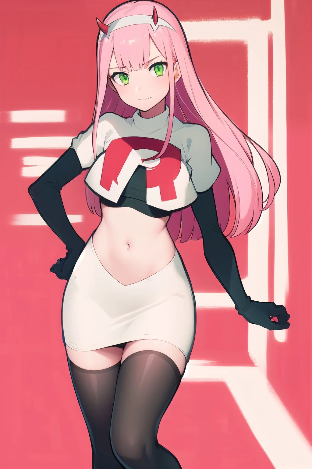 zero two \(darling in the franxx\), darling in the franxx, 1girl, bangs, green eyes, hairband, horns, long hair, looking at viewer, oni horns, pink hair, red horns, solo, team rocket,team rocket uniform,white skirt,red letter R,crop top,black thigh-highs,black elbow gloves, white hairband, ((masterpiece))