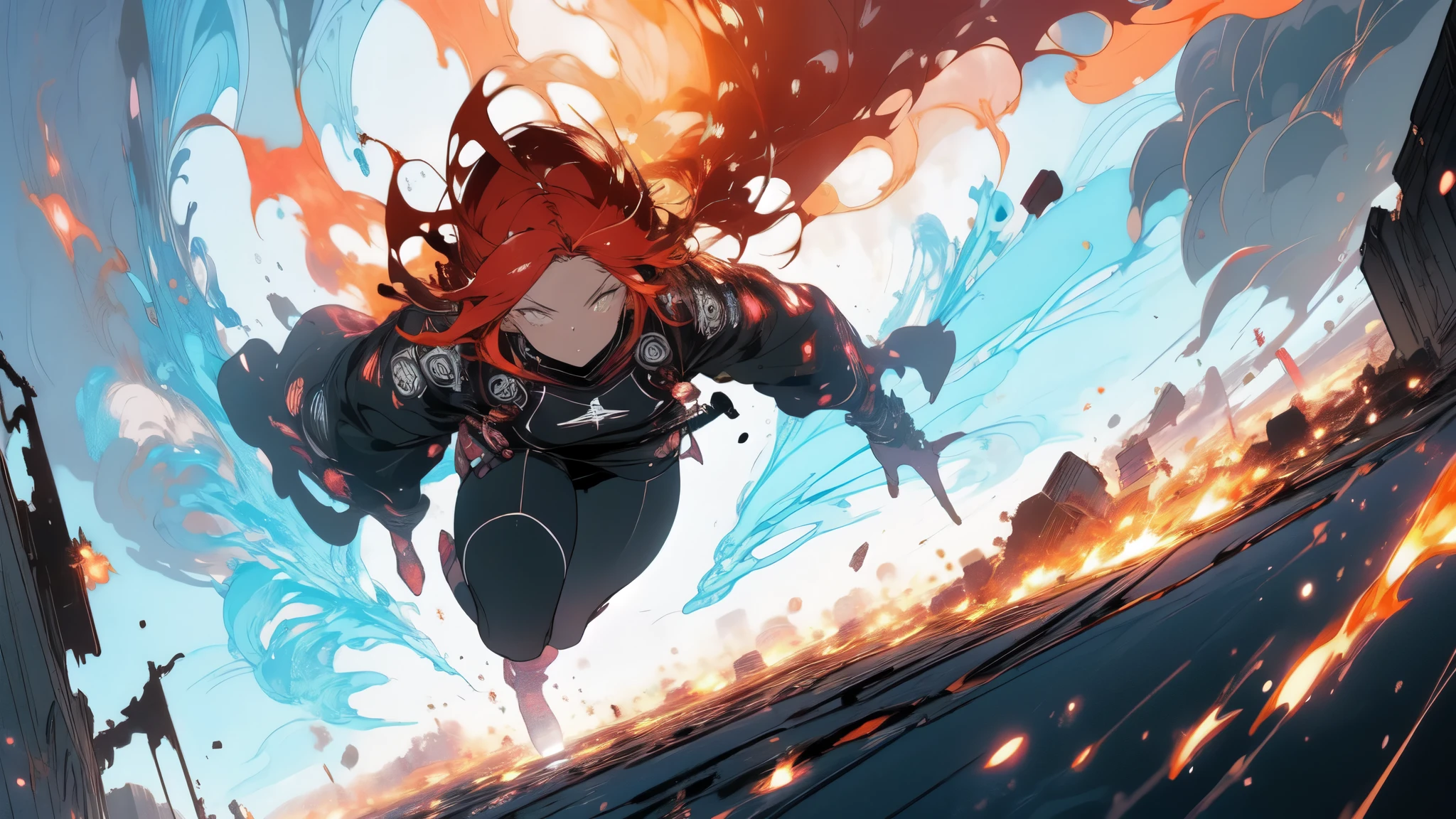 1 beautiful woman with long red hair, rockstar clothes, burning skies and a large phoenix flying in the sky, city in ruins in the background, lighting coming from the flames, very high resolution, very high definition, dynamic composition, intricate details, cinematic vision, image of action