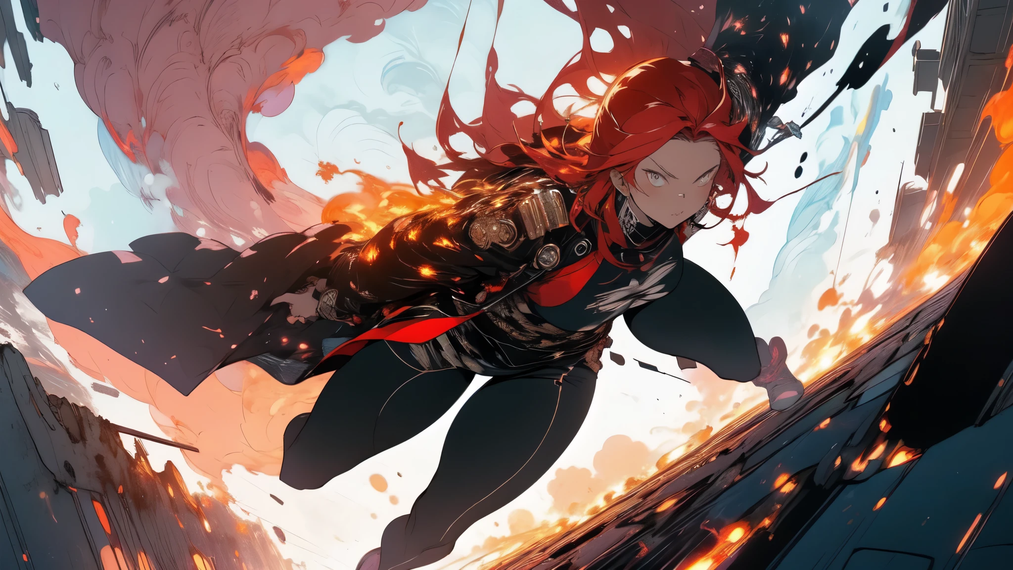 1 beautiful woman with long red hair, rockstar clothes, burning skies and a large phoenix flying in the sky, city in ruins in the background, lighting coming from the flames, very high resolution, very high definition, dynamic composition, intricate details, cinematic vision, image of action