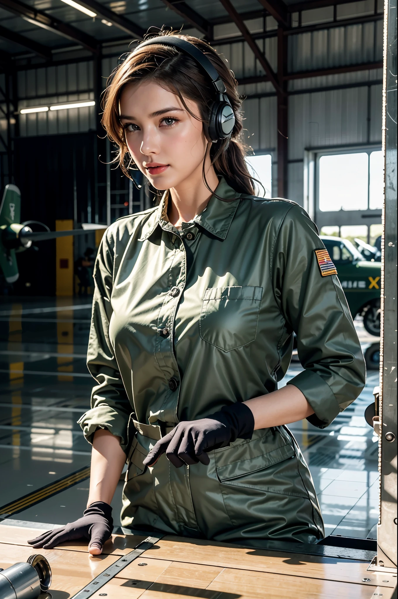 Best quality, ((professional photograph, RAW photo)), Insanely realistic, an extremely delicate and beautiful, ultra high res, realistic lighting and shading, (Realistic image of a extremely pretty female Aircraft mechanic, solo), Inside a spacious Aircraft hangar, Monoplane fighters of the World War II era line the background, Aircraft parts scattered on the floor, Tools for maintenance, She does aircraft maintenance, (wearing Military camouflage patterned Long-sleeved mechanic's coverall), (wearing mechanic's heavy-duty glove), (Wearing a headset), her hair is tied back later, very professional mechanic, inscrutable smile, (extremely beautiful depiction of the eyes and face), (insanely beautiful natural skin texture), Accurate eyes, Accurate hands, Well-balanced overall body