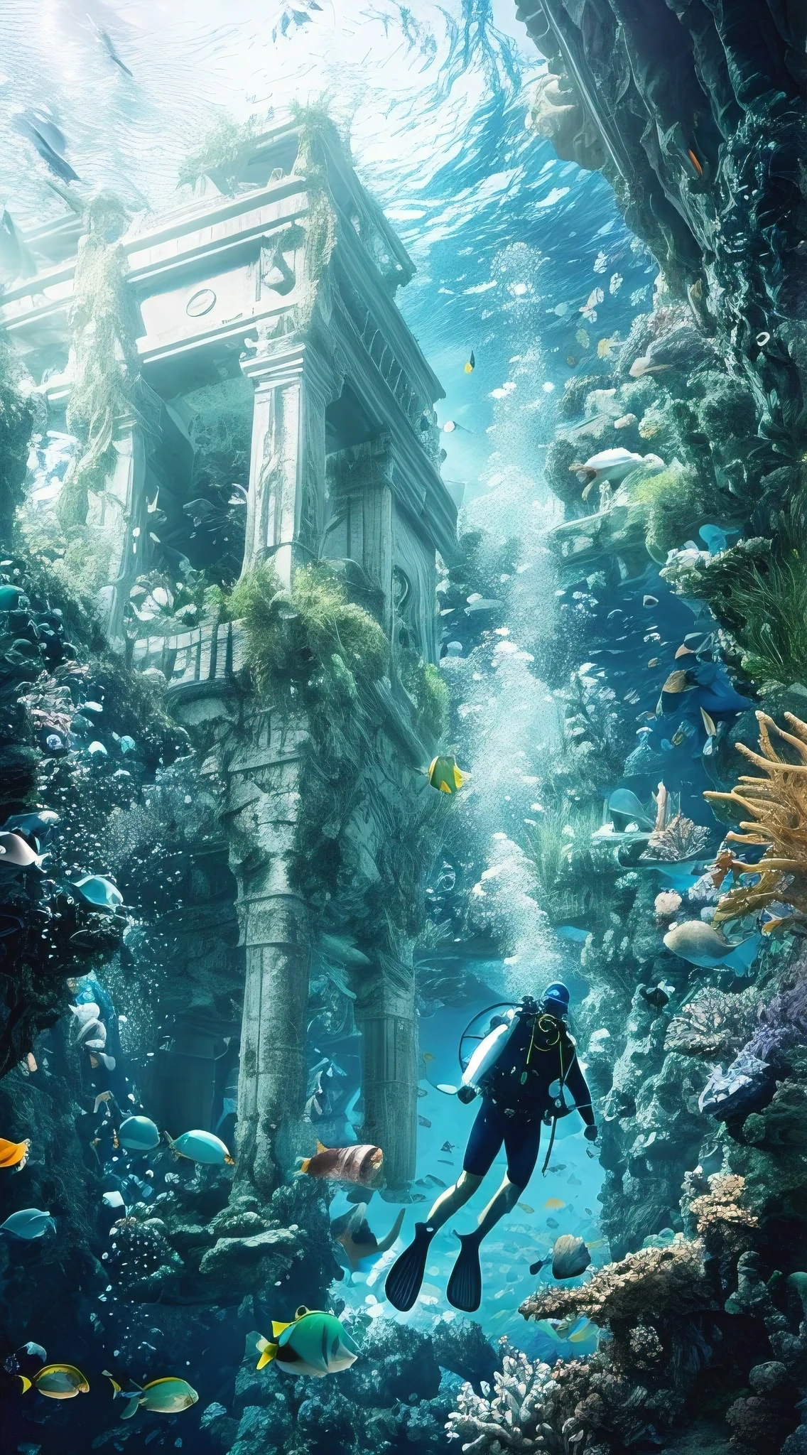(best quality,4k,highres),ultra-detailed,(realistic:1.37),underwater adventure,oceanic exploration,scuba diving in the Atlantis,breathtaking scenery,submerged world,aquatic paradise,rays of sunlight,coral reef,fish and marine life,tranquil blue water,bubbles sparkling in the sunlight,unfathomable depths,serene and peaceful environment,swimming among vibrant coral,exploring hidden caves and crevices,diver exploring the treasures of the sea,magnificent underwater landscape,shimmering colors,tranquility and serenity,swimming with schools of fish,dolphin companions,exotic underwater flora,unbelievable marine biodiversity,unsubstantial beauty,awe-inspiring underwater kingdom,unveiling the secrets of the deep sea,mesmerizing and tranquil,encounters with majestic creatures,unforgettable scuba diving experience,immersing in the wonders of the ocean,adventurous journey into the abyss,unveiling the unseen world,breathing in the magic of the underwater realm,vivid and vibrant colors,immerse yourself in the vibrant hues of the ocean,unveiling the mysteries of the deep sea,exploring the unseen depths of Atlantis.