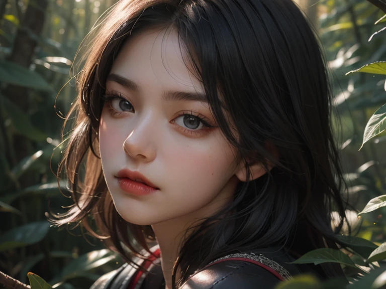 Beauty girl in the forest, black short hair, dark fantasy, red eye, 4k, anime realistic, portrait, devil