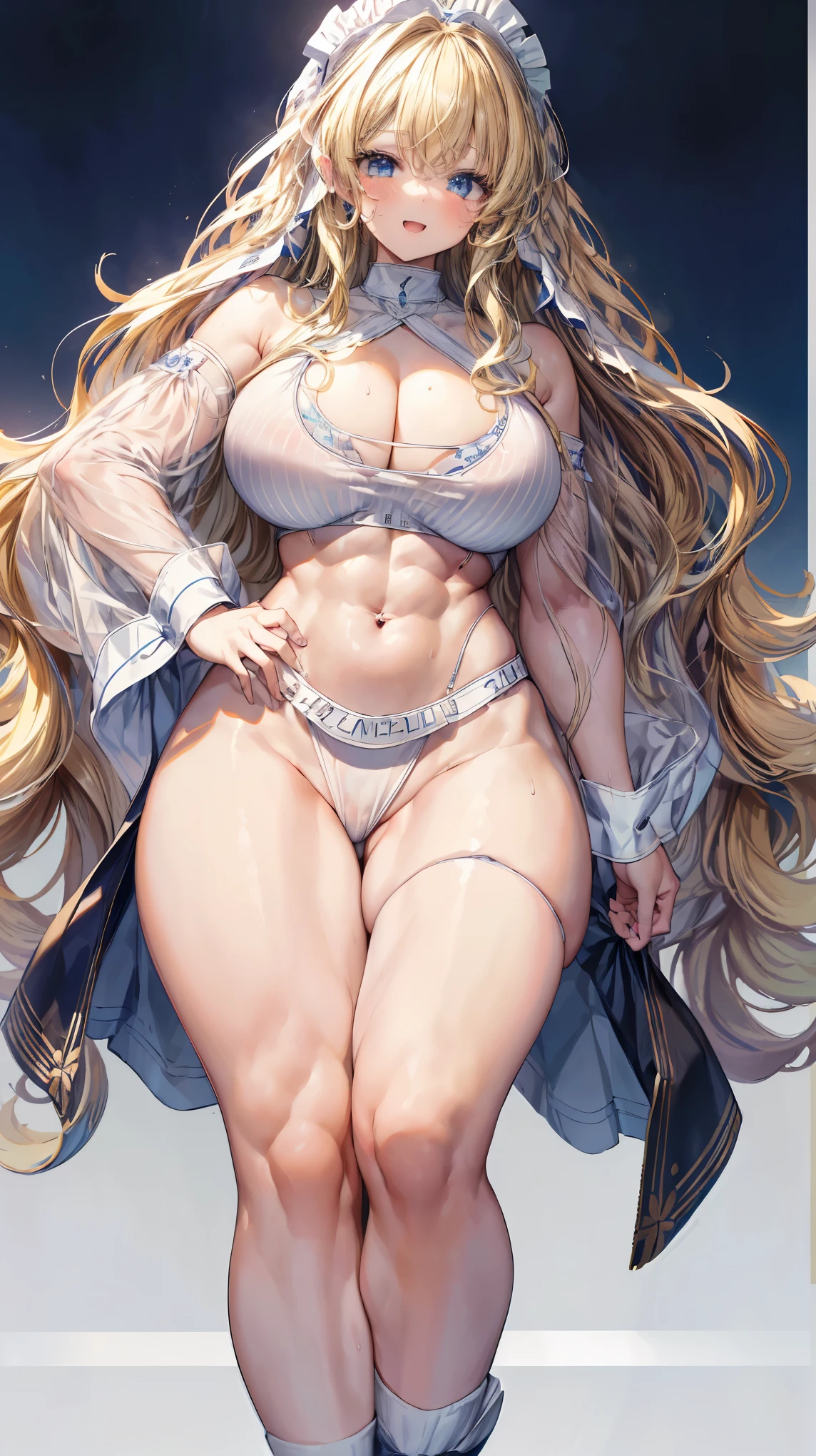 Super detailed、highest quality、Best image quality、masterpiece、8K、Anime Face、A kind smile、Open Mouth、Sparkling Blue Eyes、(Long blonde wavy hair:1.5)、Heavy bangs、Wearing a maid headband、(SFW huge body)、Cowboy Shot、(Wearing a white thong:1.5)、Muscles of the whole body、Knee-high