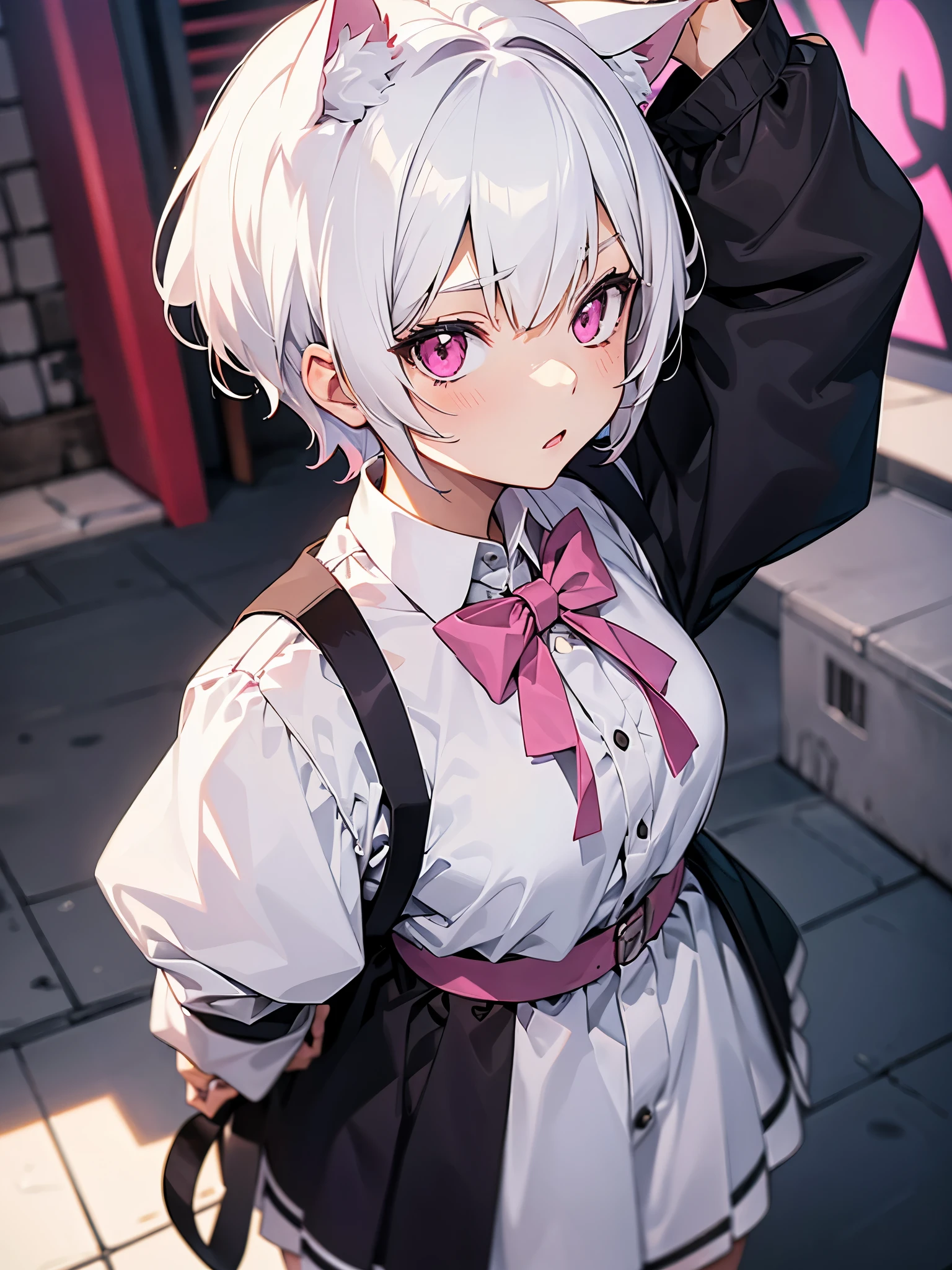 White hair. Short hair. 2-tone hair. anime girl. Pink eyes. Nekomimi. . 1girl. Catgirl. Seifuku