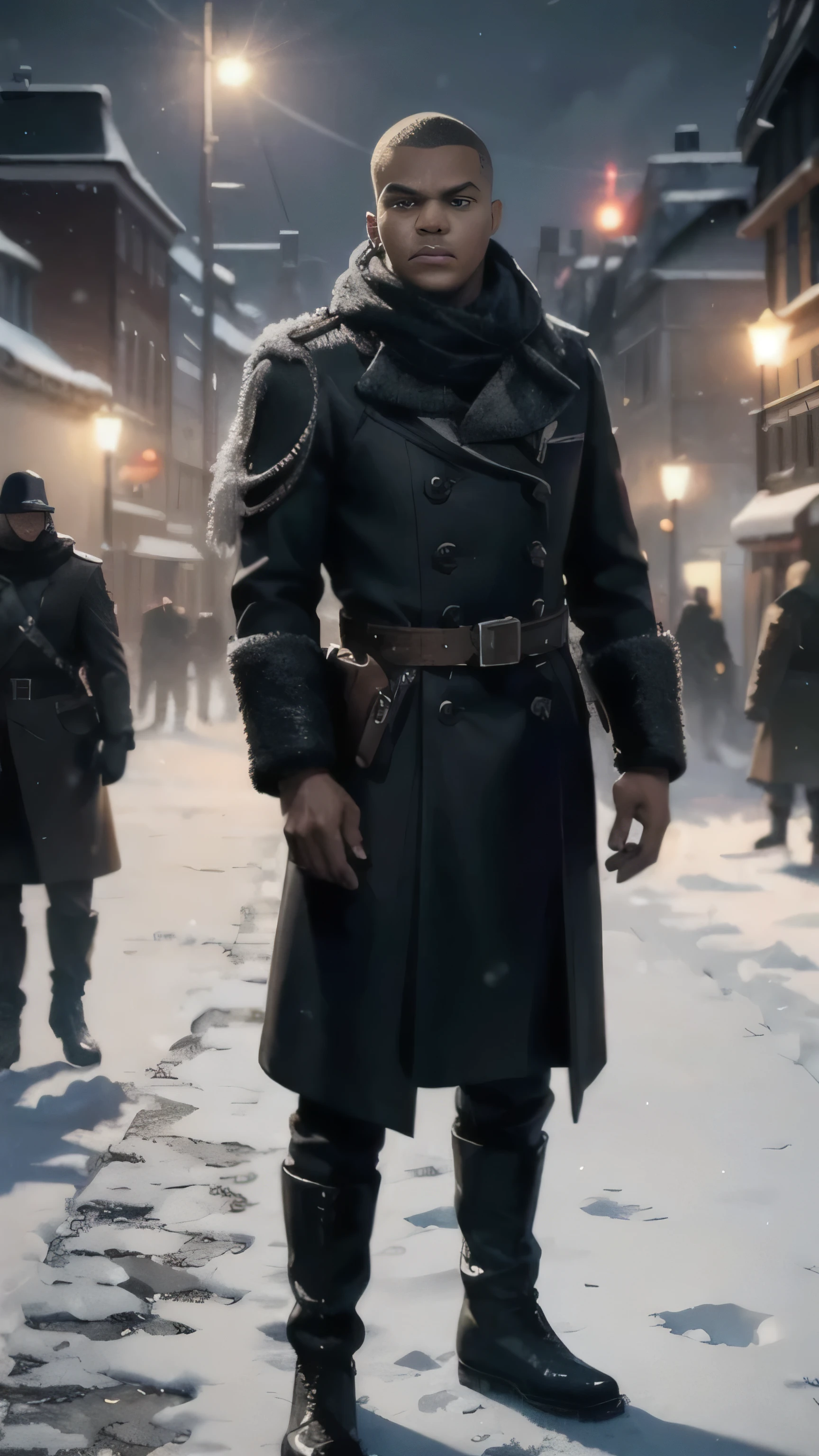 frostpunk, Jacob Anderson as Grey Worm, military leader, black coat, boots, standing, on a busy street, winter, snow, (1man), (solo), (full body view), beautiful detailed glow, detailed, cinematic light, intricate detail, realistic, highres, detailed facial features, high detail, sharp focus, smooth, aesthetic, extremely detailed, stamp, octane render