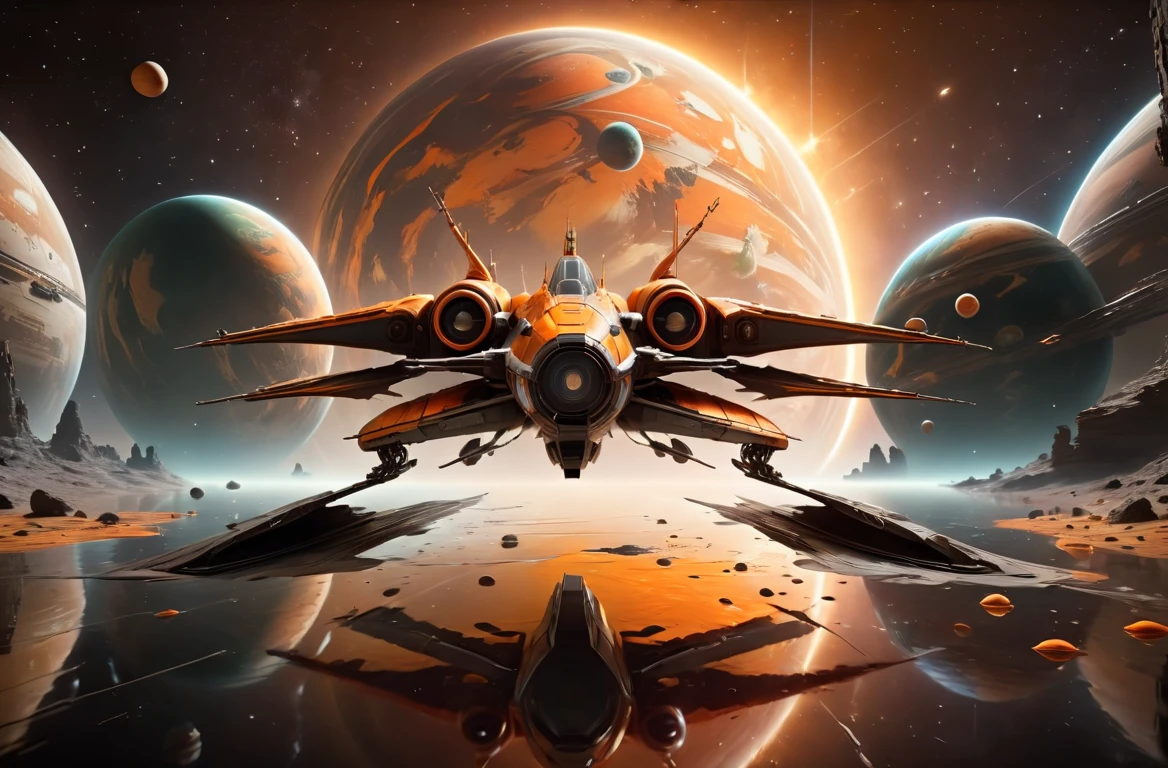 masterpiece, photorealistic highly detailed 8k photography, best cinematic quality, volumetric lighting and shadows, sharp intricate details, Compact symmetric Goldfish Orange spcrft, x-wing like,  stunning space landscape background with planets and stars, Dolly zoom