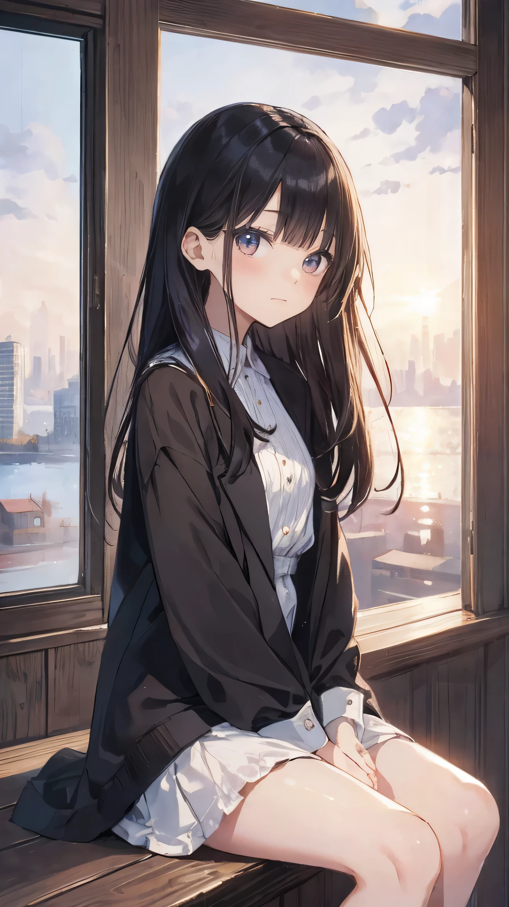 Masterpiece、Highest quality、highest quality、Black Hair、(((Lori)))、 ((Petite))、Shiny hair quality、Small face、Sitting、Super detailed, beautiful, wide eyes、Ultra-detailed, clear and beautiful faces、(cute illustration:1.2), High-resolution, ultra-detailed, best quality, embarrassed