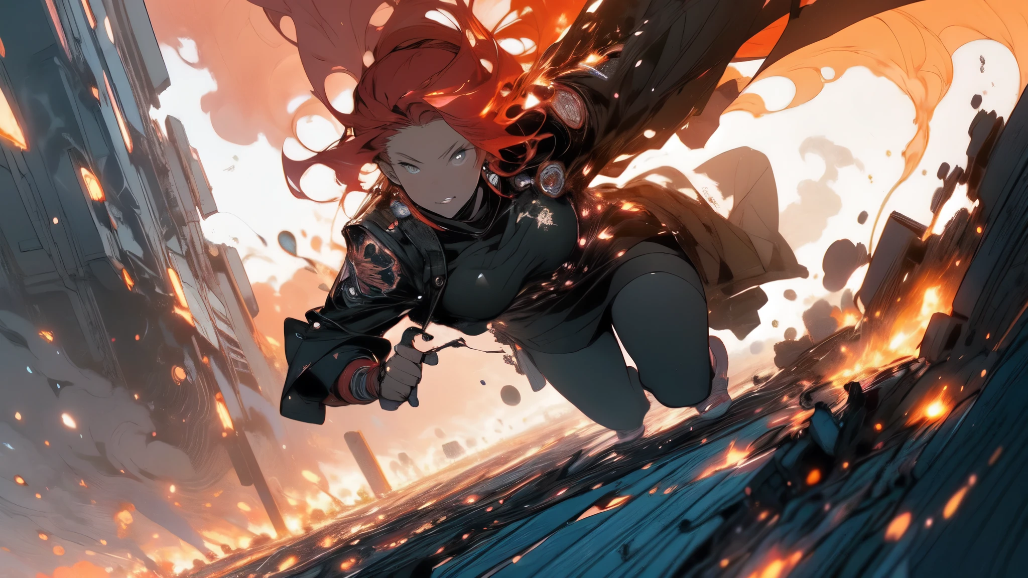 1 beautiful woman with long red hair, rockstar clothes, burning skies and a large phoenix flying in the sky, city in ruins in the background, lighting coming from the flames, very high resolution, very high definition, dynamic composition, intricate details, cinematic vision, image of action