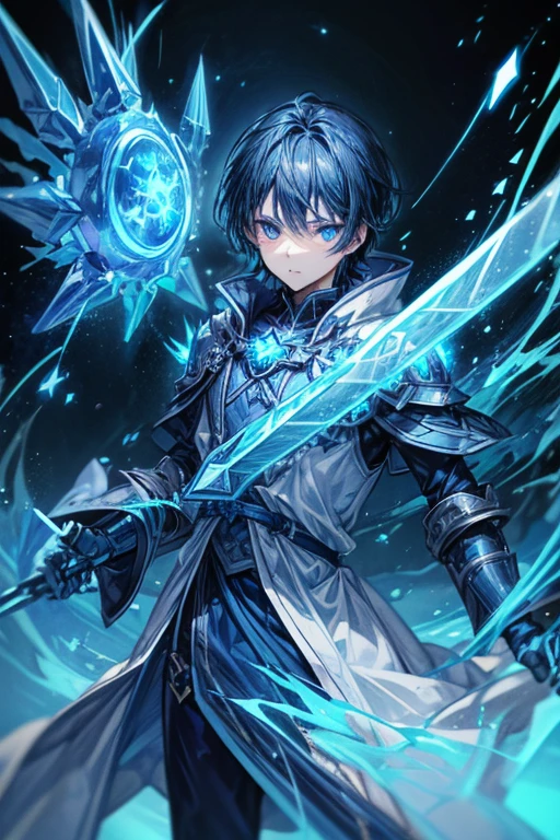 (best quality, masterpiece, expressive eyes, perfect dace), (anime), 1boy, (symbol eyes, ice eyes, glowing eyes), (wielding a glowing blue ice sword), blue wolf spirit floating around, blue nobleman outfit, short black hair, blue eyes, 