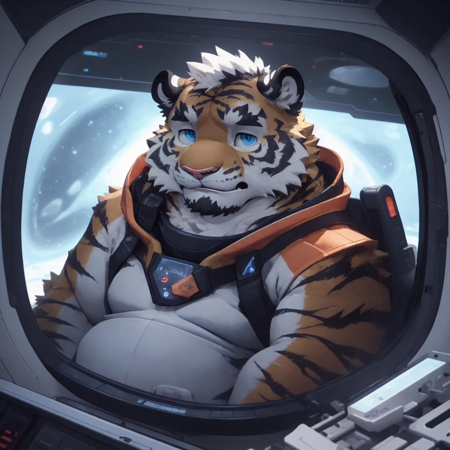 New Jersey 5 Furry,Tiger,portrait,Exquisite, Chubby,Fat,Thick arms,Rugged muscles,plush fur,Chubby脸,Black eyebrows,Sky blue eyes,Beard,Inside the spacecraft,White spacesuit,Operating the spacecraft,confidence