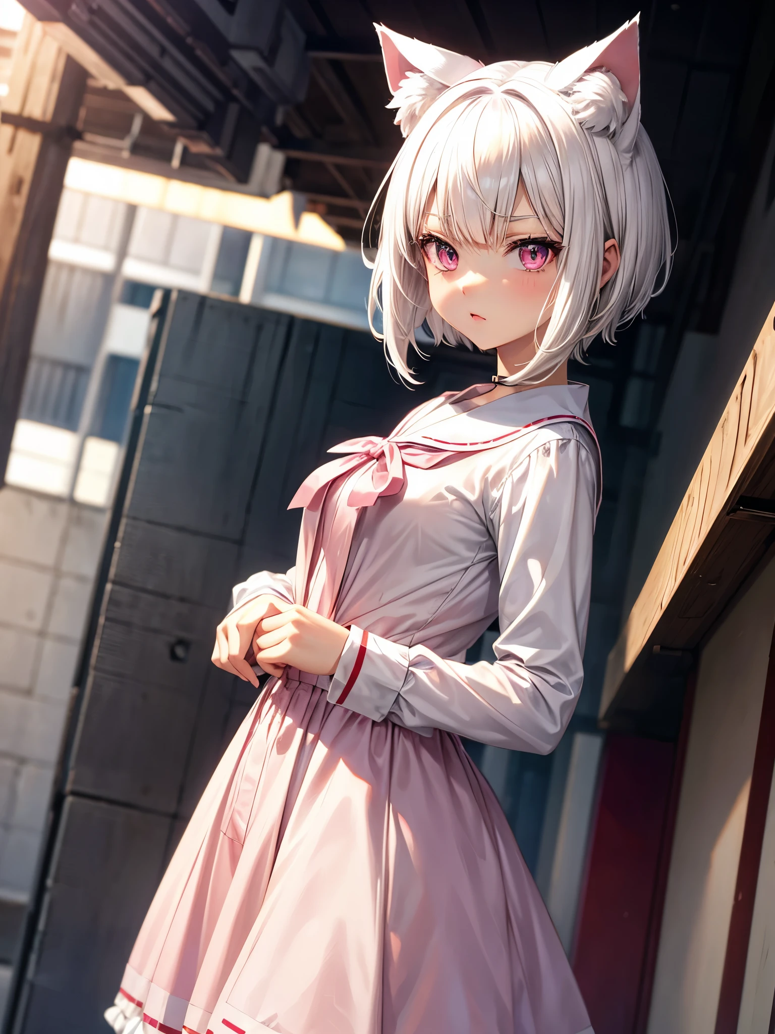 White hair. Short hair. 2-tone hair. anime girl. Pink eyes. Nekomimi. . 1girl. Catgirl. Seifuku