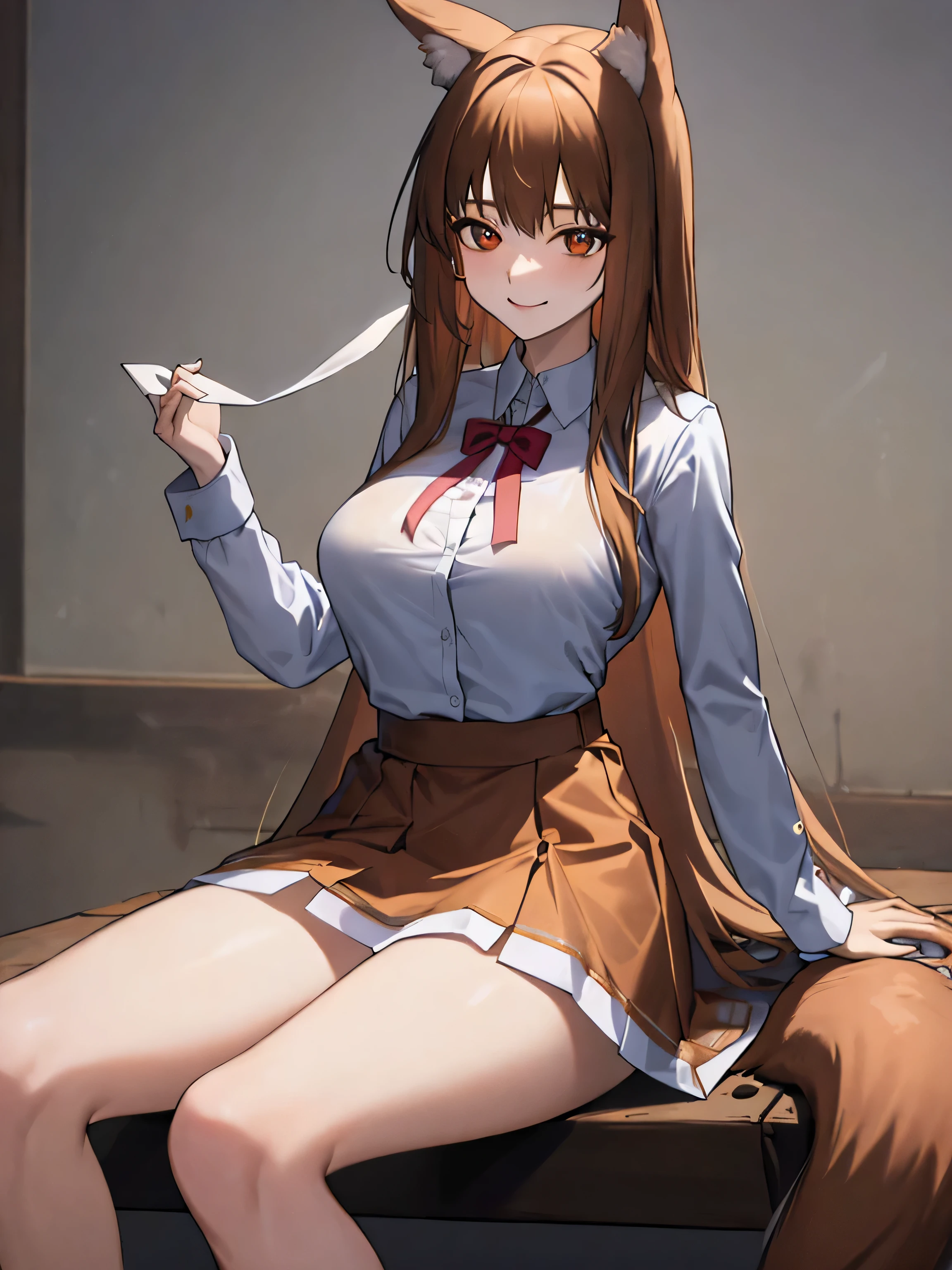 masterpiece, highest quality:1.2), holo, alone,Are standing_Split, (Sitting pose), Long Hair, Brown Hair, Dog ears, smile, (Large Breasts:1.2), White Lingerie，blue denim mini skirt, A bushy tail grows from its waist.,