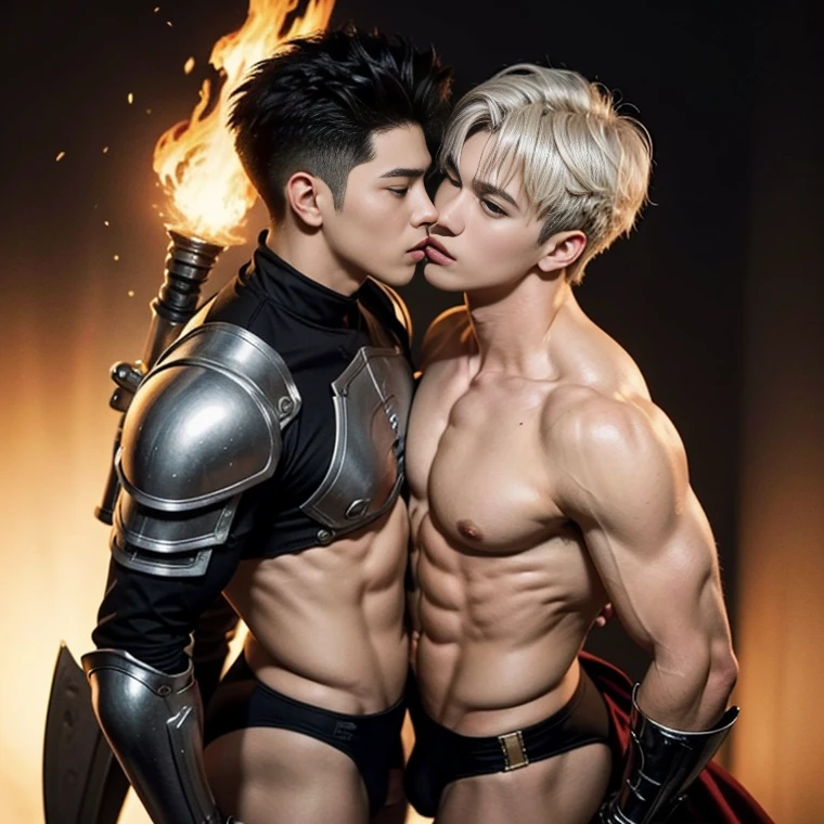 2 handsome boy kissing, asian boys like Mighty Archangel Michael, 19 years old, handsome, kpop idol actor,kissing, hug, cuddle, skin ship, smile at each other, catching eyes, many jawline, manly chin, Full Body Shoot, (eyes contact), detailed facial parts, Manly, bare chest, bare butts, a little six packs attractive body and Quiff haircut, white hair :: high detail, is in highly detailed battle armor, super thin sexy g_string underwear ,big dick holding a detailed flaming blue sword of golden pearls, detailed fingers, a flaming sacred aura radiating from his body, stylish model pose, moon background, surreal, fantasy, magical, intricate details, depth of field. Best quality, masterpiece, ultra high resolution, (anime realism, photorealistic: 1.4), perfect composition, centered, symmetry, big juicy butts. 