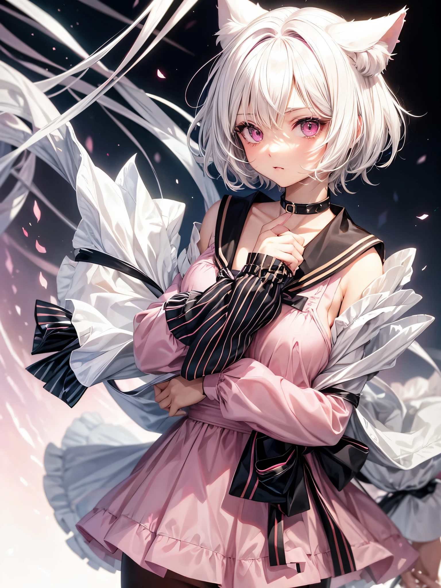 White hair. Short hair. 2-tone hair. anime girl. Pink eyes. Nekomimi. . 1girl. Catgirl. Seifuku