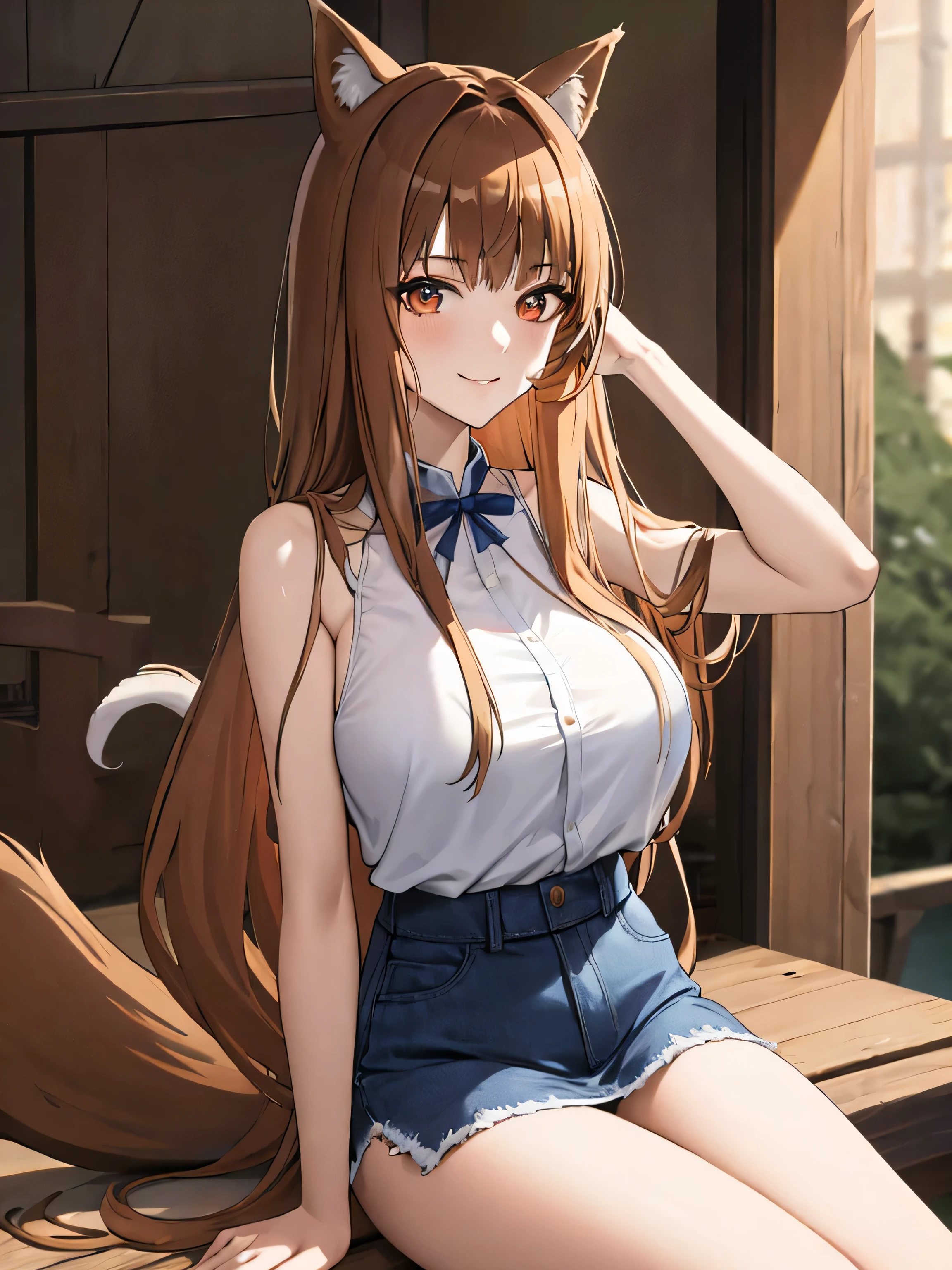 masterpiece, highest quality:1.2), holo, alone,Are standing_Split, (Sitting pose), Long Hair, Brown Hair, Dog ears, smile, (Large Breasts:1.2), White Lingerie，blue denim mini skirt, A bushy tail grows from its waist.,