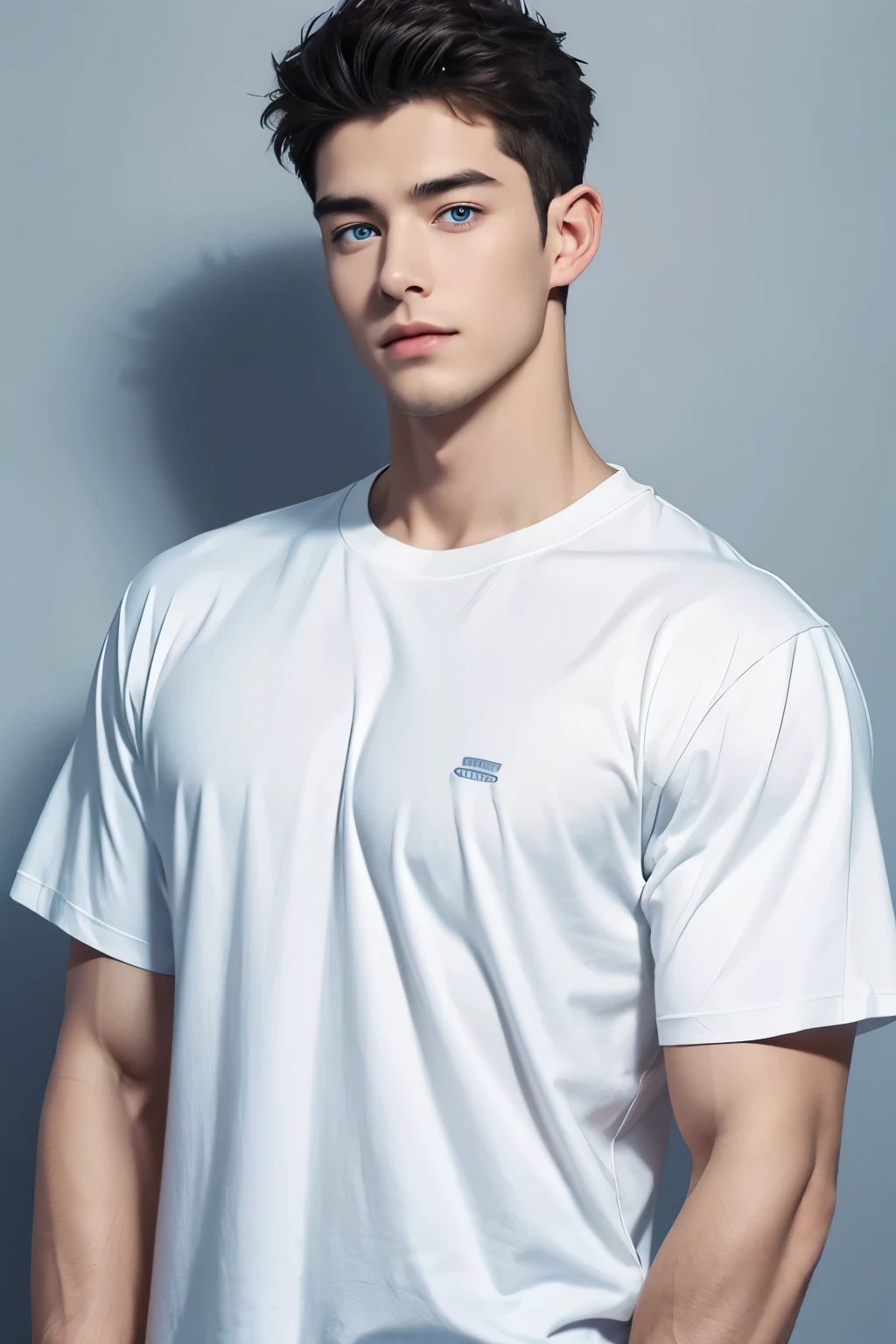 (masterpiece),(bestquality:1.0), (ultra highres:1.0), detailed illustration, 10, Handsome Boy,musculine,White loose t-shirt,Sir Young,handsome,28yo,Fine Skin,blue eyes