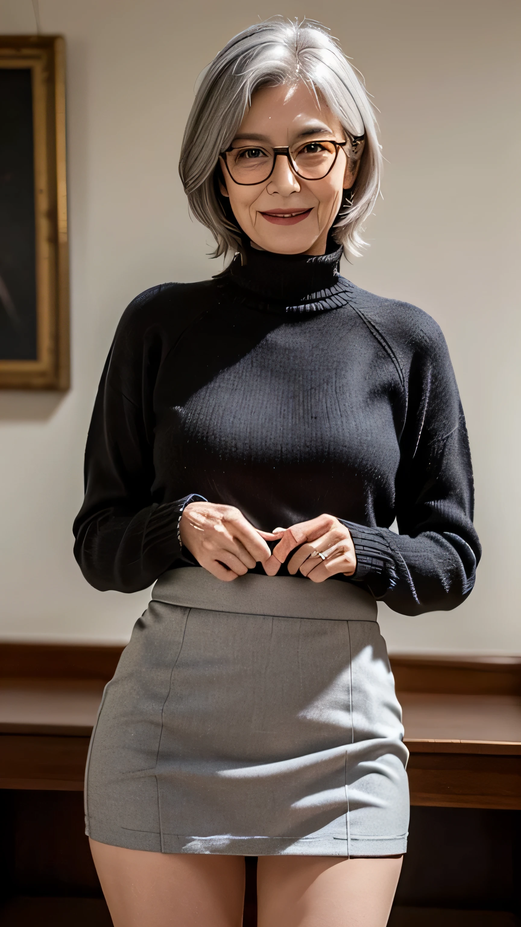 skirt lift,(Masterpiece:1.4),(60-year-old woman:1.4),(Wrinkles on the face1.24),smile,nude,gray hair,square glasses,(panchira,miniskirt,skirt lift:1.4),red sweater