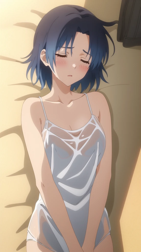 masterpiece, high quality, 8k, Beautiful lighting,sunny day, 1 girl, alone,Ai Kamiya, ,((White camisole)),, ((See-through clothing)),,(Close ~ eyes:1.5),(Open your mouth:1.5),(White panties), ((Upper Body)),(slender thighs),Sheer white bra,,Troubled expression,Lie on the floor,,,Close ~ eyes, Medium chest,,教室のLie on the floor,blush