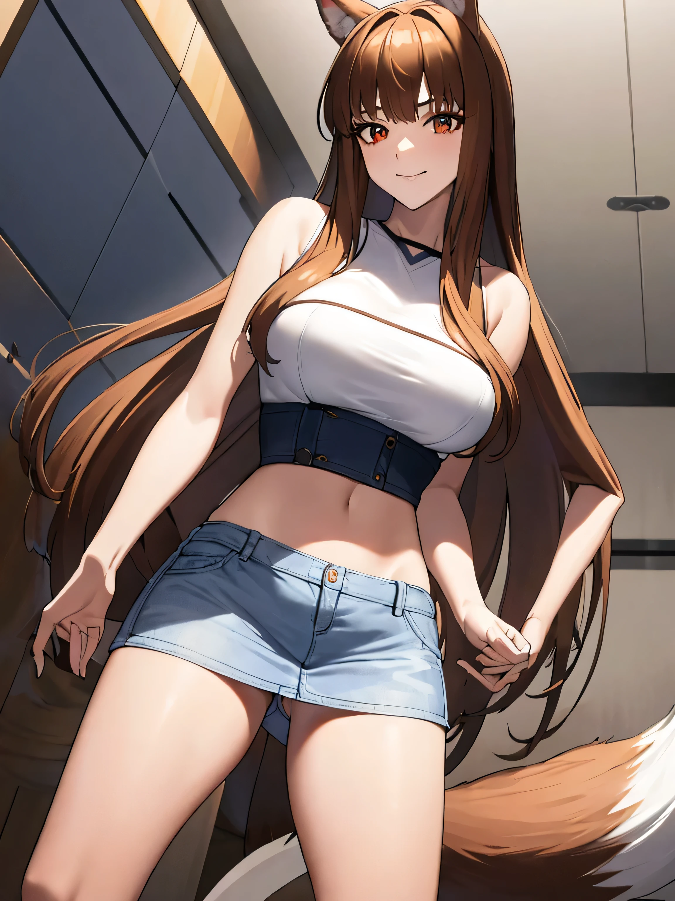 masterpiece, highest quality:1.2), holo, alone,Are standing, (One leg standing pose), Long Hair, Brown Hair, Dog ears, smile, (Large Breasts:1.2), White Lingerie, (Panties are visible:1.6, Risky, White), (mini skirt:1.4, Ultra short, Blue Denim), A bushy tail grows from its waist.,