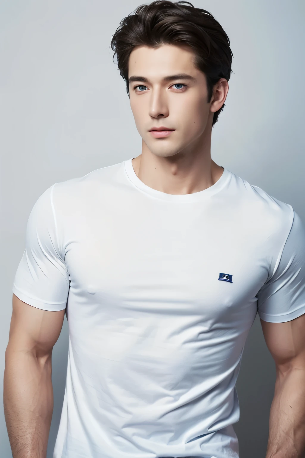 (masterpiece),(bestquality:1.0), (ultra highres:1.0), detailed illustration, 10, Handsome Boy,musculine,White loose t-shirt,Sir Young,handsome,28yo,Fine Skin,blue eyes