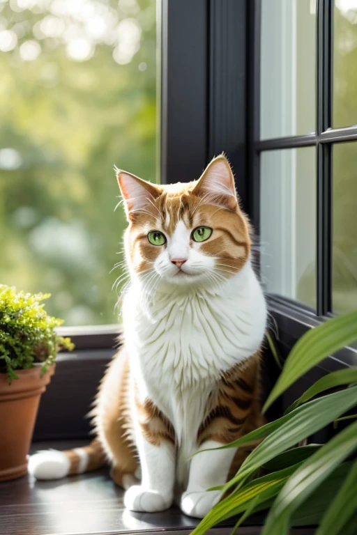 A cute fluffy cat with sparkling emerald eyes, soft fur, and a graceful posture is sitting on a windowsill. The cat's fur has a glossy sheen, reflecting the warm sunlight that filters through the window. It is surrounded by vibrant green potted plants, adding a touch of nature to the scene. The cat's playful demeanor is captured in its curled tail and perked-up ears. The image should have a high level of detail, showcasing the intricate texture of the cat's fur and the delicate features of its face. The artwork should resemble a realistic oil painting, with vivid colors and a soft, dreamy atmosphere. The lighting should be soft and warm, casting gentle shadows on the cat's fur and creating a cozy, inviting ambiance. The overall color palette should consist of warm tones, with hints of golden hues to enhance the sunlight. The image should convey a sense of peace and tranquility, capturing the essence of a cat's serene presence. (best quality, highres, ultra-detailed), realistic, oil painting style, vibrant colors, soft lighting, warm color palette