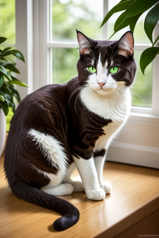 A cute fluffy cat with sparkling emerald eyes, soft fur, and a graceful posture is sitting on a windowsill. The cat's fur has a glossy sheen, reflecting the warm sunlight that filters through the window. It is surrounded by vibrant green potted plants, adding a touch of nature to the scene. The cat's playful demeanor is captured in its curled tail and perked-up ears. The image should have a high level of detail, showcasing the intricate texture of the cat's fur and the delicate features of its face. The artwork should resemble a realistic oil painting, with vivid colors and a soft, dreamy atmosphere. The lighting should be soft and warm, casting gentle shadows on the cat's fur and creating a cozy, inviting ambiance. The overall color palette should consist of warm tones, with hints of golden hues to enhance the sunlight. The image should convey a sense of peace and tranquility, capturing the essence of a cat's serene presence. (best quality, highres, ultra-detailed), realistic, oil painting style, vibrant colors, soft lighting, warm color palette