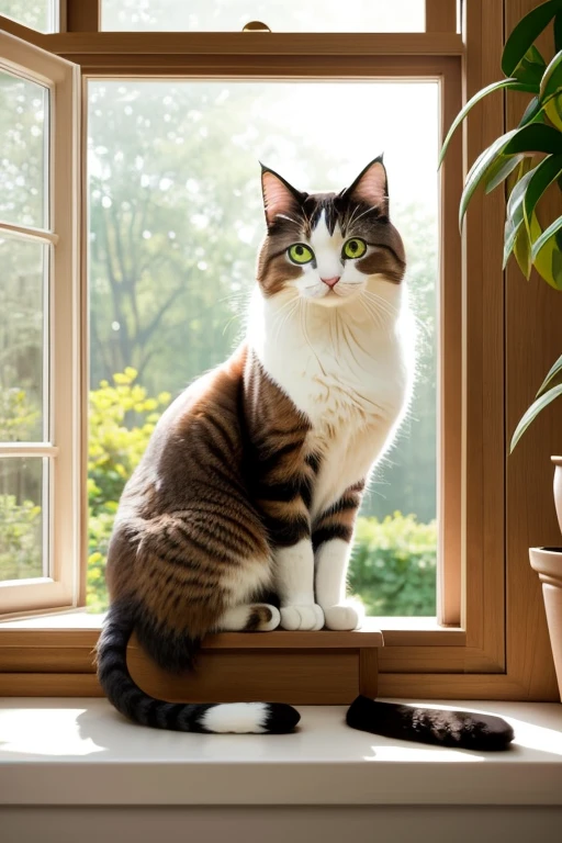 A cute fluffy cat with sparkling emerald eyes, soft fur, and a graceful posture is sitting on a windowsill. The cat's fur has a glossy sheen, reflecting the warm sunlight that filters through the window. It is surrounded by vibrant green potted plants, adding a touch of nature to the scene. The cat's playful demeanor is captured in its curled tail and perked-up ears. The image should have a high level of detail, showcasing the intricate texture of the cat's fur and the delicate features of its face. The artwork should resemble a realistic oil painting, with vivid colors and a soft, dreamy atmosphere. The lighting should be soft and warm, casting gentle shadows on the cat's fur and creating a cozy, inviting ambiance. The overall color palette should consist of warm tones, with hints of golden hues to enhance the sunlight. The image should convey a sense of peace and tranquility, capturing the essence of a cat's serene presence. (best quality, highres, ultra-detailed), realistic, oil painting style, vibrant colors, soft lighting, warm color palette