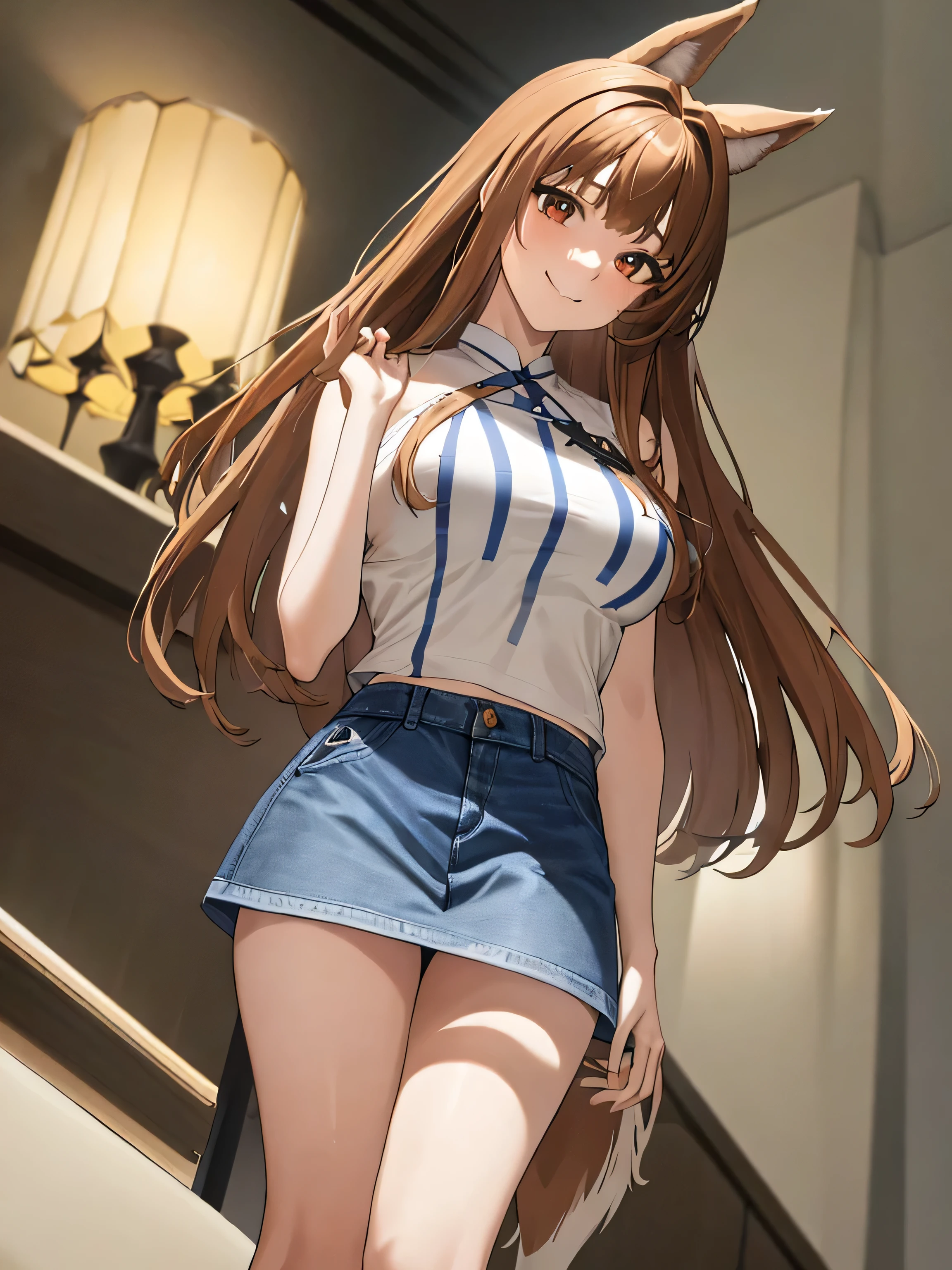 masterpiece, highest quality:1.2), holo, alone,Are standing, (One leg standing pose), Long Hair, Brown Hair, Dog ears, smile, (Large Breasts:1.2), White Lingerie, (Panties are visible:1.6, Risky, White), (mini skirt:1.4, Ultra short, Blue Denim), A bushy tail grows from its waist.,