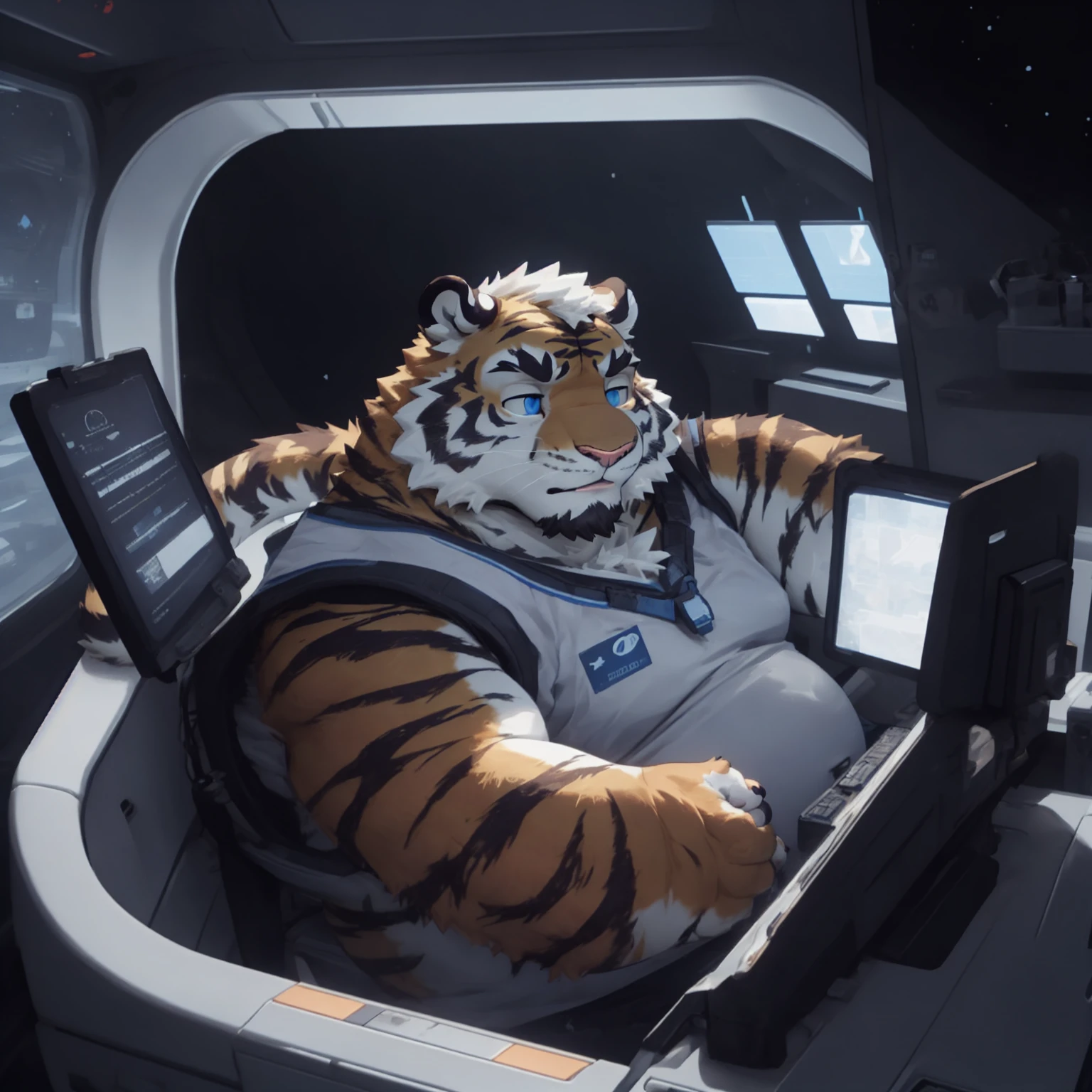 New Jersey 5 Furry,Tiger,portrait,Exquisite, Chubby,Fat,Thick arms,Rugged muscles,plush fur,Chubby脸,Black eyebrows,Sky blue eyes,Beard,Inside the spacecraft,Sit in the driver's seat,White spacesuit,confidence