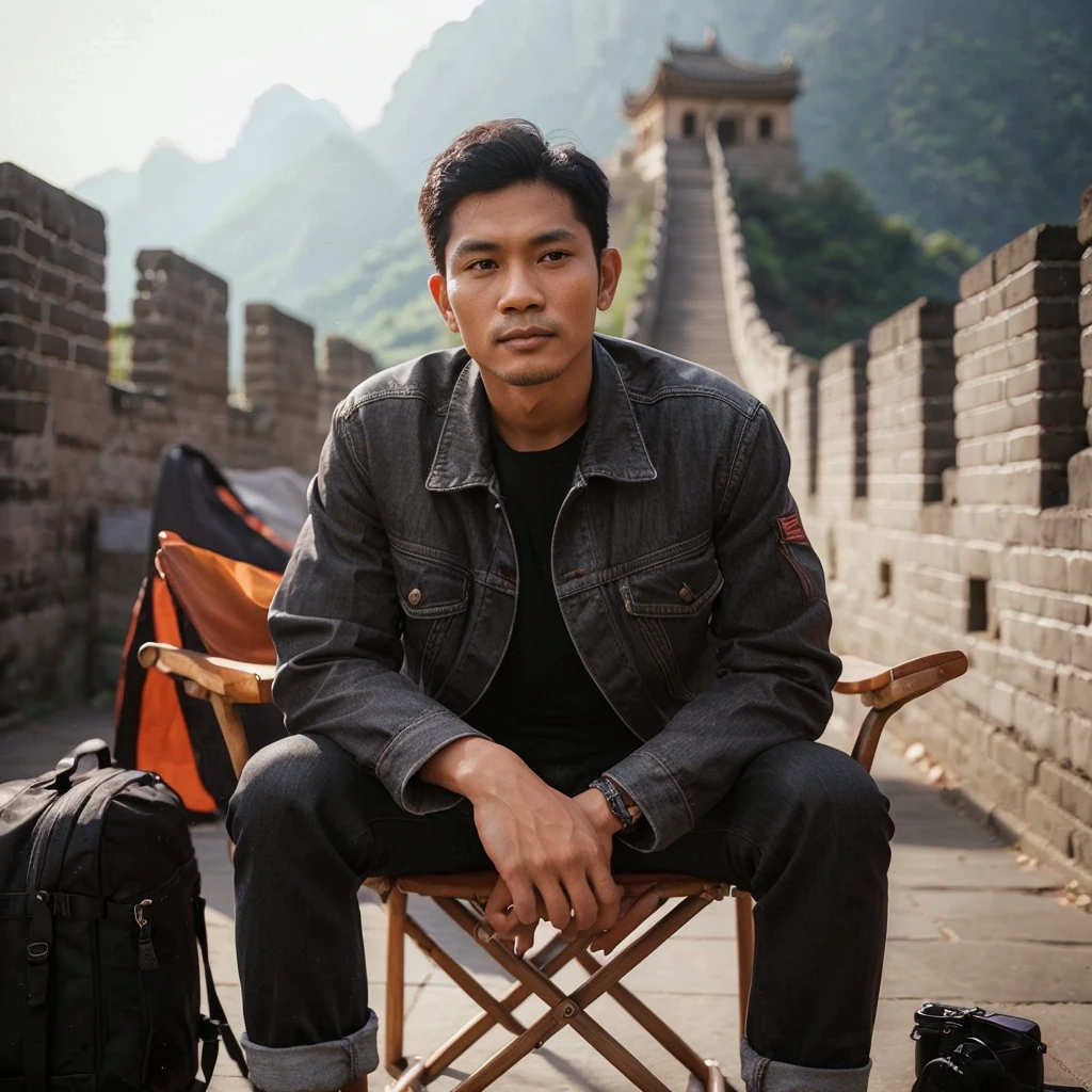 Handsome Javanese Indonesian man, oval and clean face, ideal body and neat, Indonesian skin, wearing a trucker jacket and black bag and sneakers, pose sitting on a folding chair, photography style photo facing front, there is a tent beside him, face visible, behind near the man there is a great Wall of China, bright ultra HD atmosphere, original photo, high detail, very sharp, 18mm lens, realistic, photography, Leica camera