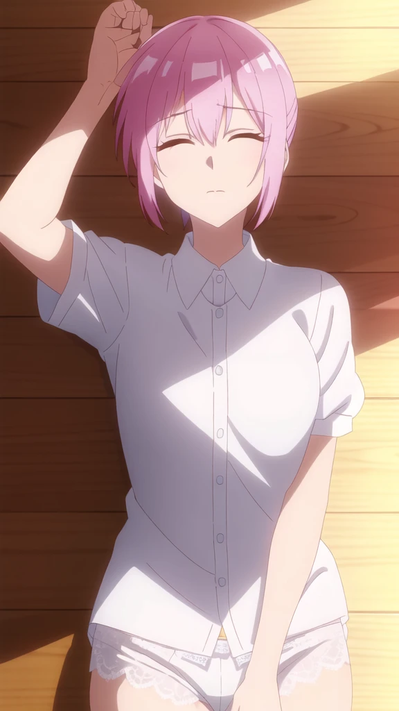masterpiece, high quality, 8k, Beautiful lighting,sunny day, 1 girl, alone, Miyako Shikimori, ,((White short-sleeved shirt)),,((Close ~ eyes:1.5)),((Open your mouth:1.5)), ((White lace panties)),,Close ~ eyes,,(((White panties))), ((Upper Body)),(slender thighs),,Detailed face,,,Lie on the classroom floor,