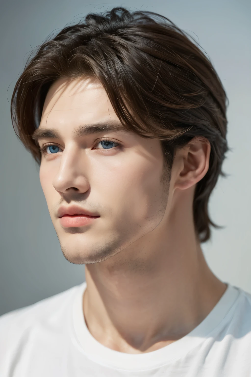 (masterpiece),(bestquality:1.0), (ultra highres:1.0), detailed illustration, 10, Handsome Boy,musculine,White loose t-shirt,Sir Young,handsome,28yo,Fine Skin,blue eyes