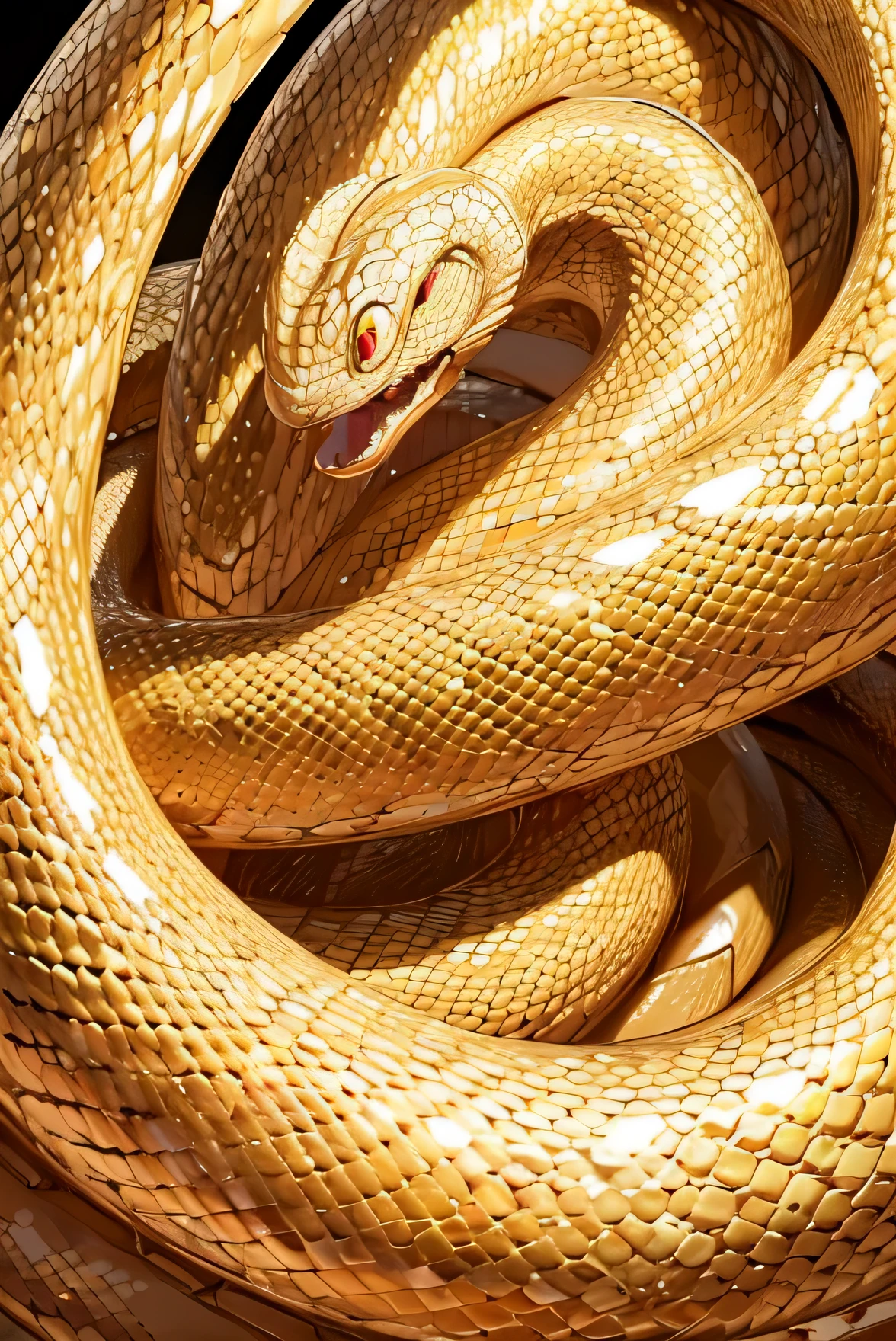 (ultra-detailed,realistic),golden snake,white serpent,serpent coiled around a branch,shining scales,slithering motion,luxurious golden patterns,serene and graceful serpent,gleaming eyes,sharp fangs,vivid colors,contrasting white background,ambient lighting