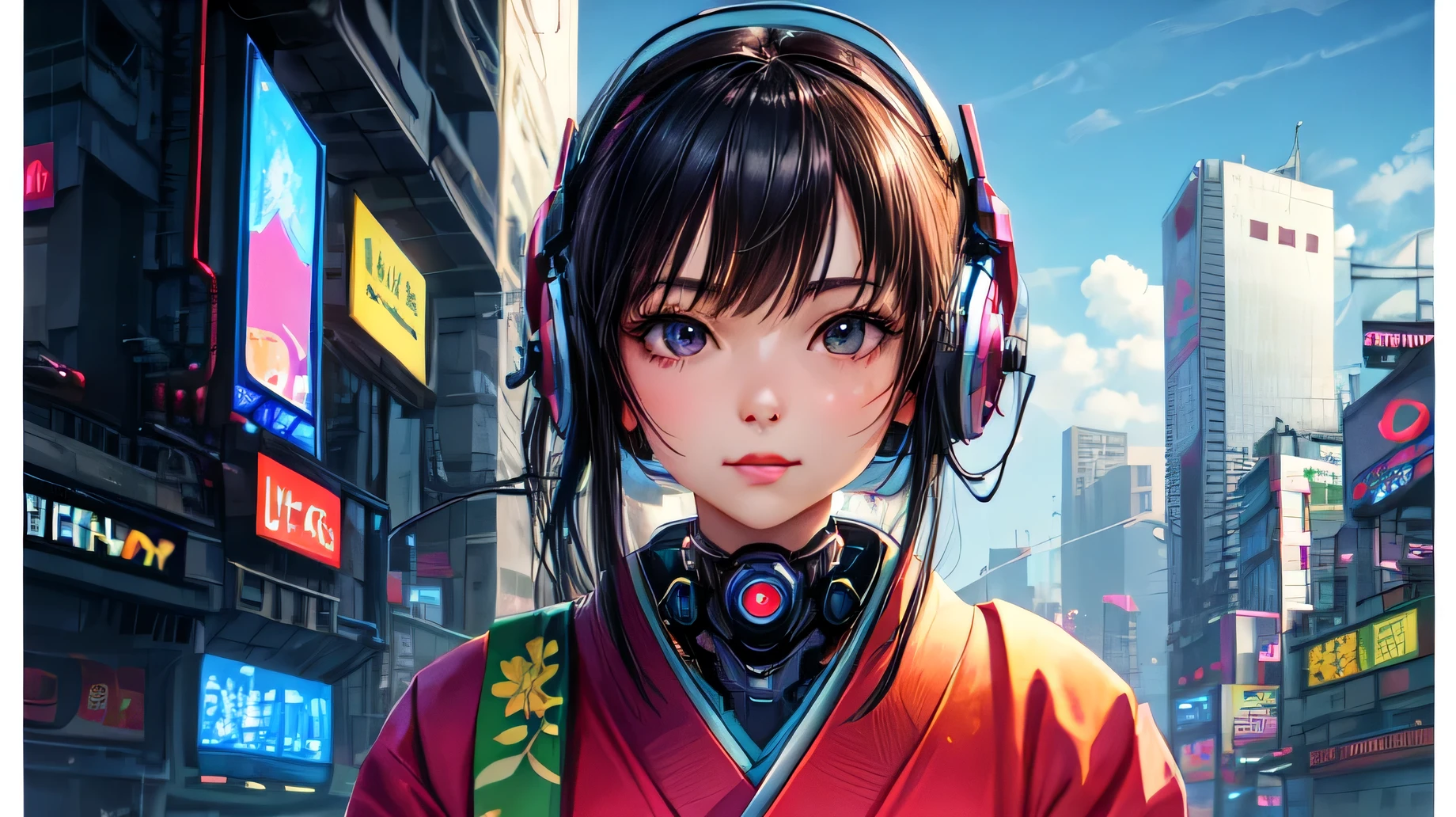(detailed), Perfect Face,Beautiful girl in kimono,cyber punk,Machine City