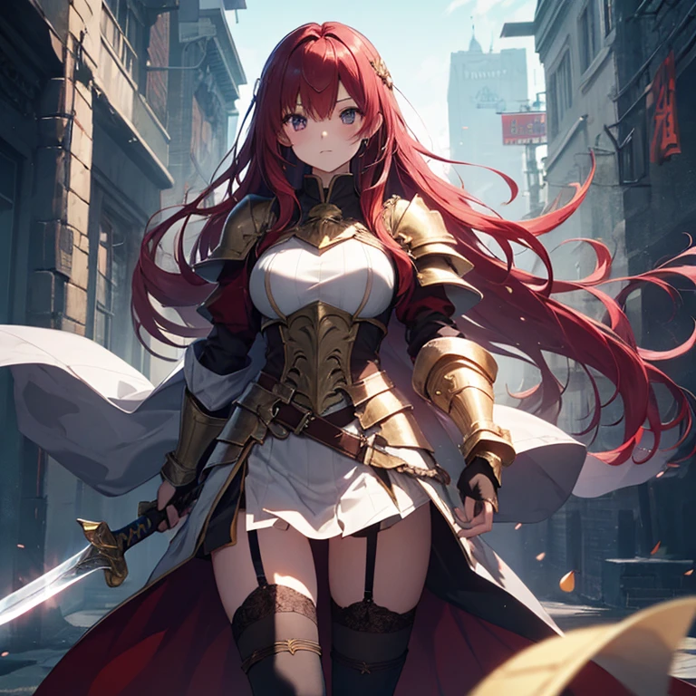 Best quality, detailed shadows, radiant light, detailed lighting, shiny skin, realistic, (((fighting pose))), long flowing hair, very long hair, red hair, detailed eyes, hyper detailed pupils, [[[bright eyes]]], fit body, swinging staff, detailed sword, intricate staff, bo staff, shining staff, detailed clothing, detailed texture, detailed stitching perfect hands, perfect anatomy,hailoknight, holding staff, holding weapon,sharp focus, perfect hands, perfect light,{/(: More Details :)\}