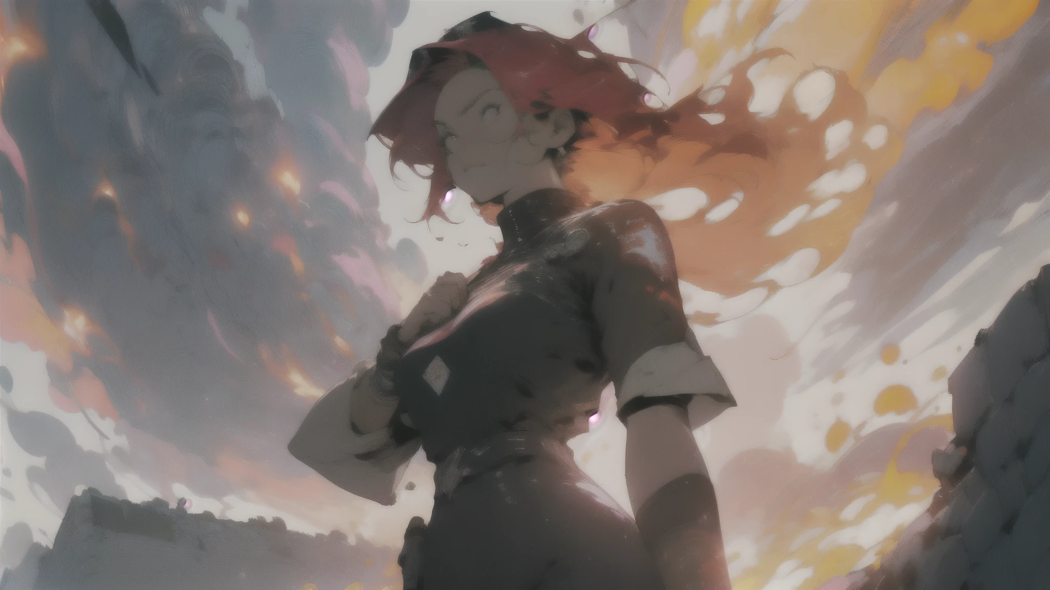 1 beautiful woman with long red hair, rockstar clothes, burning skies and a large phoenix flying in the sky, city in ruins in the background, lighting coming from the flames, very high resolution, very high definition, dynamic composition, intricate details, cinematic vision, image of action