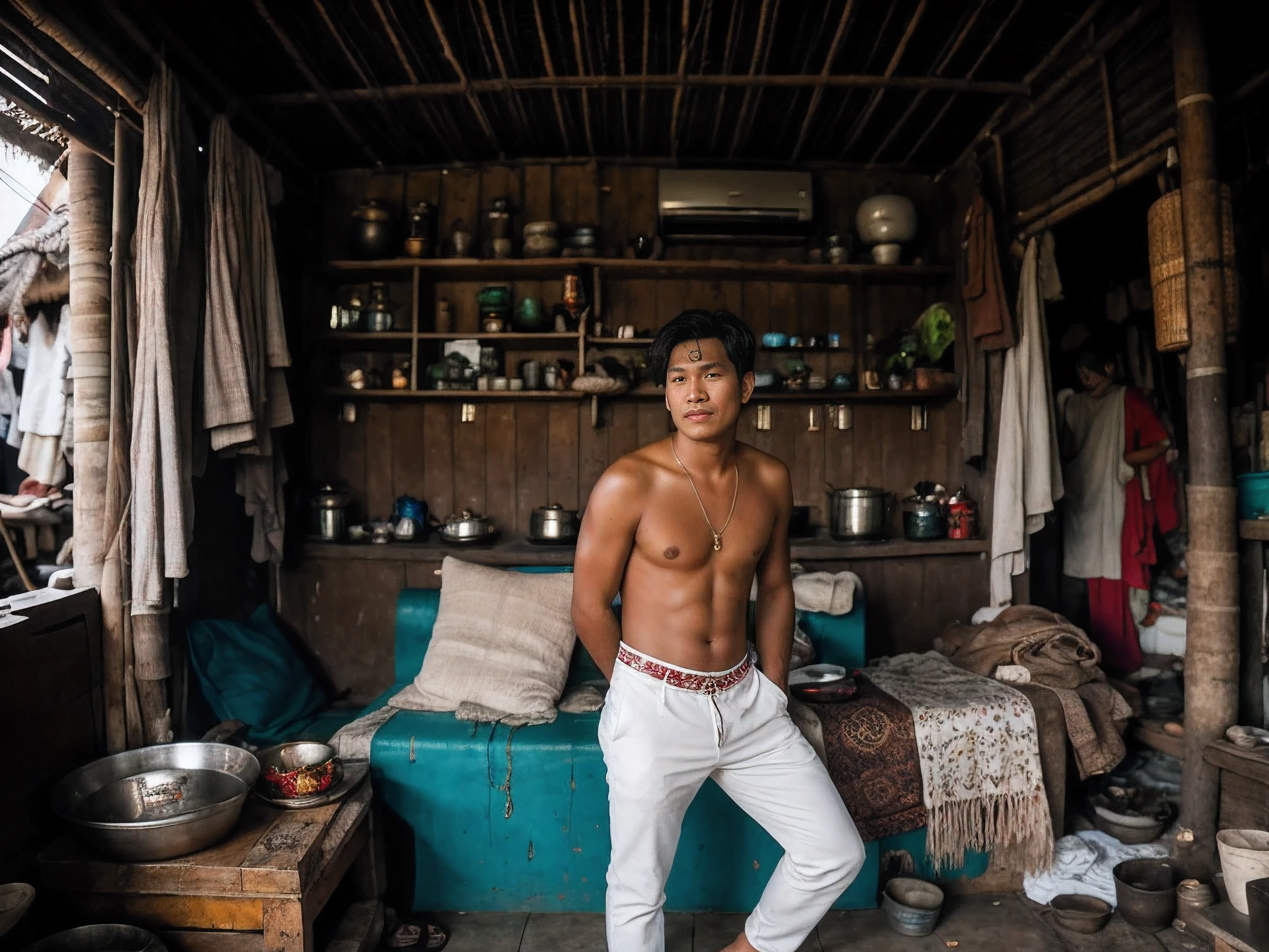 8k uhd, dslr, high quality , RAW photo, Realistic Photography , Fujifilm XT3, Canon R5, Handsome Men ,Cream colored thick trousers, (Thai Rustic slum living room:1.2)