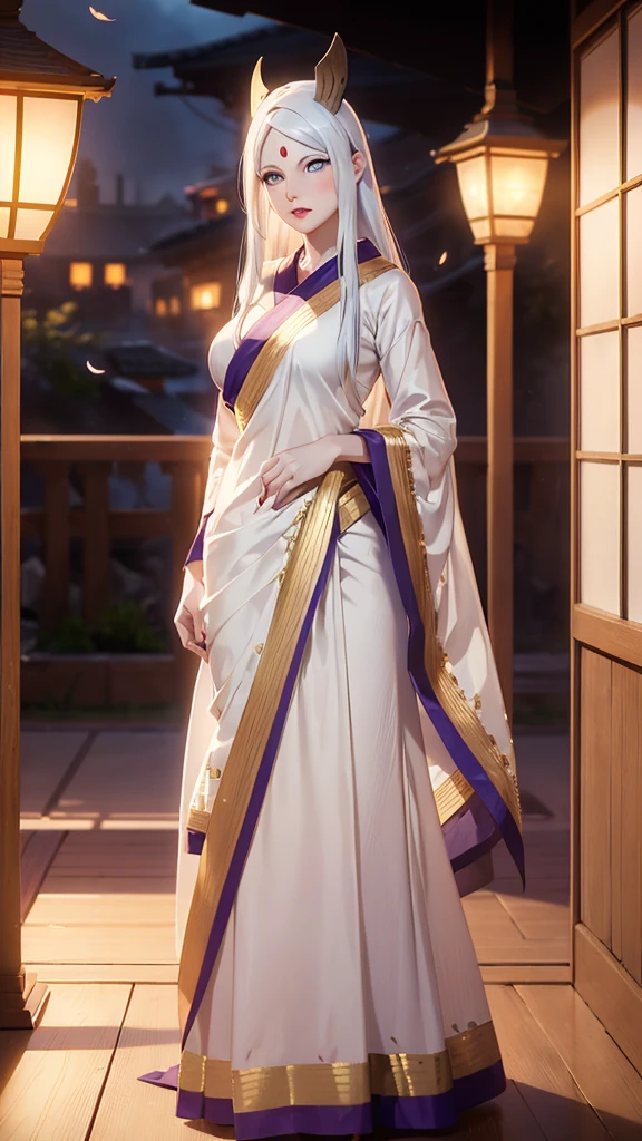 masterpiece, absurdres, kaguya otsutsuki\(naruto\), 1girl, solo,mature female, wearing indian saree, saree has blouse, saree, golden dupatta and golden pallu, looking at viewelling petals), perfect composition, detailed lips, big breast, beautiful face, body proportion, blush, (pink lips), long white hair, bun hair, blue-eyed, soft gaze, super realistic, detailed, photoshoot, realistic face and body, full body picture