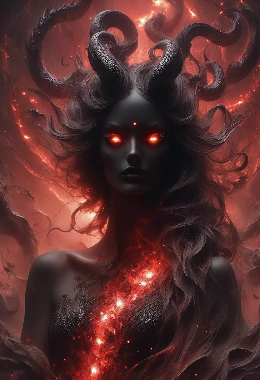 The sinister female demon from the depths of the universe,The face is terrifying,elegant appearance,Intense expression,pale skin and dark shades,Sharp fangs,(Extra long,Extremely detailed) Snake eyes all over the body,flowing long black hair,Long black wavy hair,Glittering red eyes,Sharp claws,Dark aura,Ominous atmosphere,Devilish existence,smoke,Cosmic background with stars and galaxies,Celestial Landscapes,Mystic energy,Ethereal Light,Otherworldly beauty,Nebula dust and scattered planets,Lunar eclipse and meteors,Milky Way Dust and Lights,The beauty of cursed and,Snake-like tongue and scales,glowing black wings,with intricate patterns,Metallic black feather wings,jagged mountains silhouette,Charming glowing forest with twisted trees,Phosphorescent Flowers and Plants,Blood-red moon,Shattered Dimensions and Portals,Crackling sparks of electricity and energy,unforgettably beautiful,deceptive and confusing,Female manipulation and supernatural powers,Mysterious and seductive,Powerful and wild,Awesome and respectful,Gothic and Surrealist art styles,Contrasting colors,Black and red palette,Dramatic lighting and deep shadows,juxtaposition of light and dark