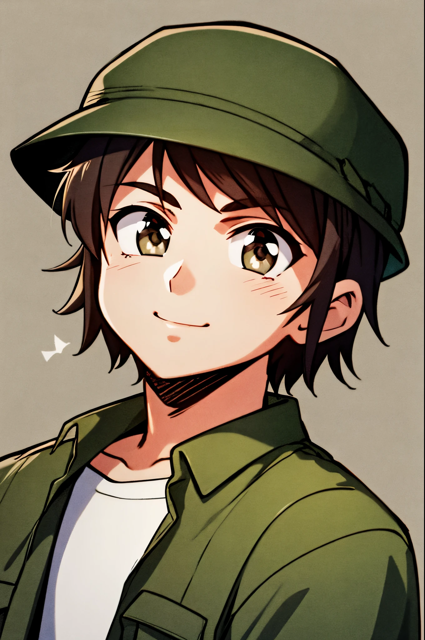 masterpiece, best quality, cel shaded, bright colors, 1boy, solo, male focus, young boy, short brown hair, gray eyes, youthful smile, healthy complexion, muscular frame, olive drab military fatigues, looking at viewer, staring straight ahead, upper body shot, simple background