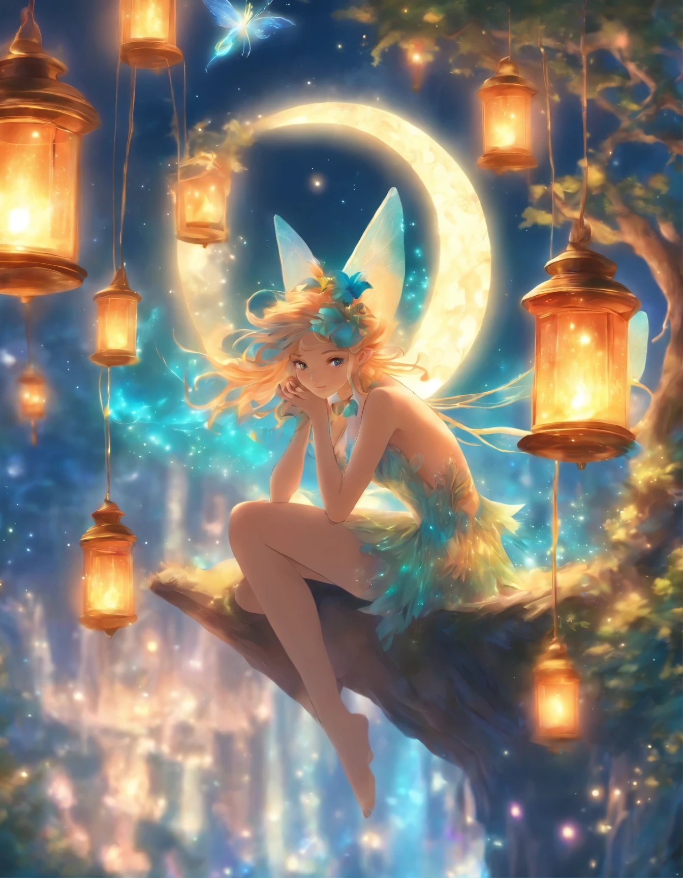 there is a fairy sitting on a crescent with a lantern, digital art by Alison Kinnaird, trending on deviantart, fantasy art, the moonlit dance of the fae, a beautiful pole dancing fairie, fairy cgsociety, beautiful fairie, faerie, beautiful faery sorceress, fantasy gorgeous lighting, beautiful fantasy art, very beautiful fantasy art